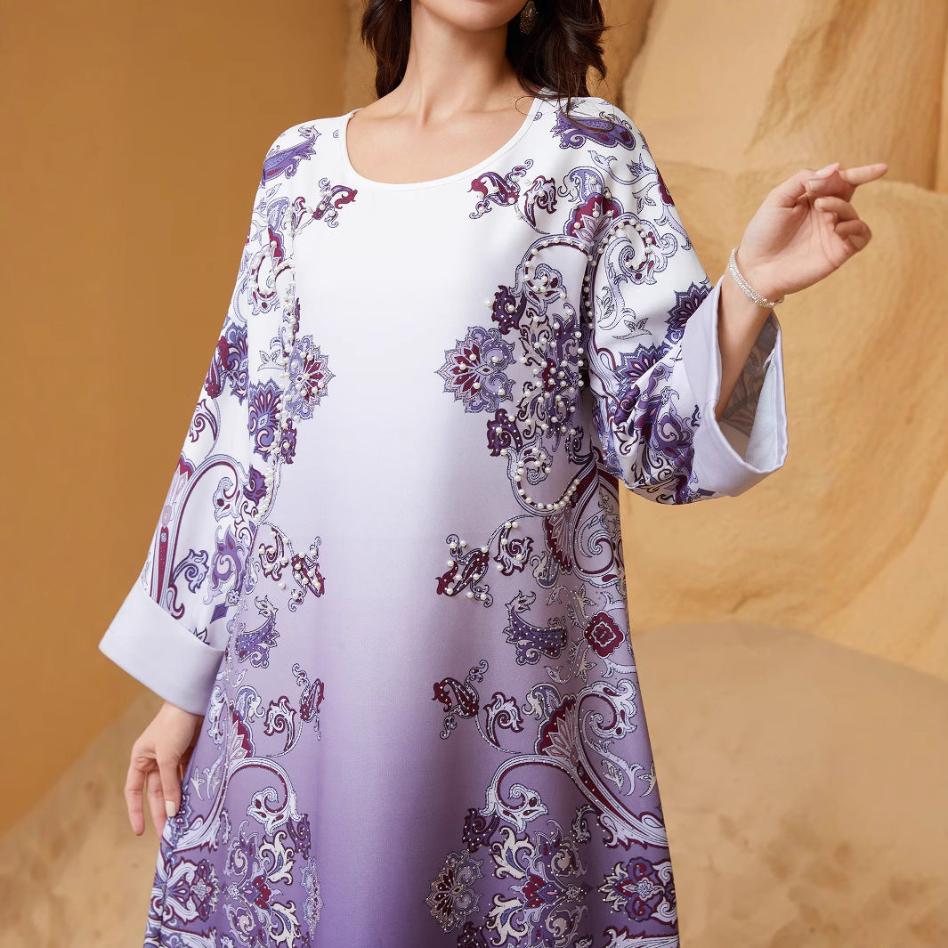 Purple Rhinestone Beaded Round Neck Floral Maxi Abaya Dress