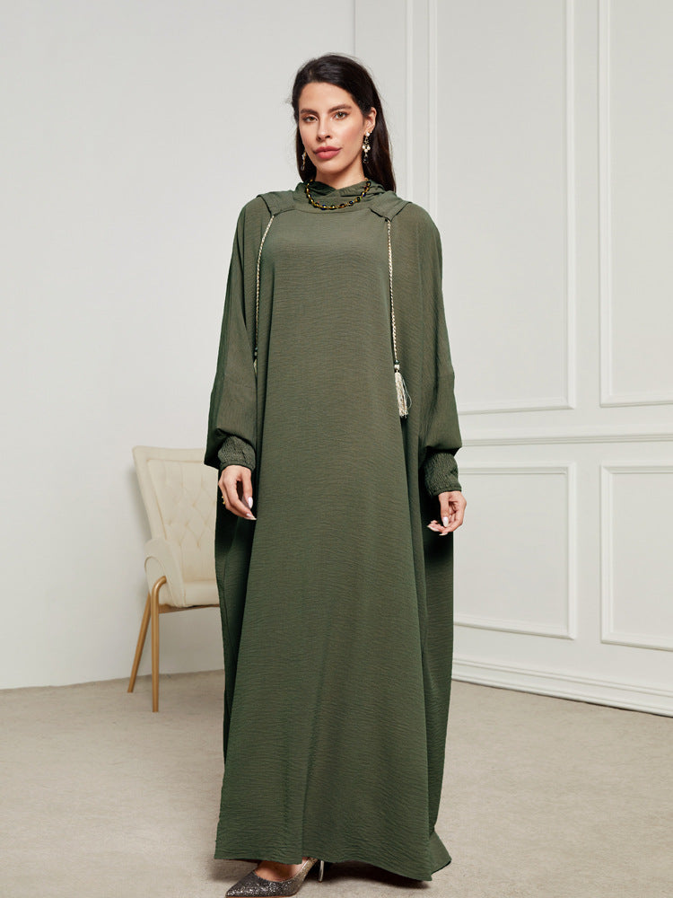 Hooded Hijab Abaya Dress with Drawstring Jalabiya Modest Long Maxi Dress for Muslim Women Eid Ramadan Daily Wear S-XXL