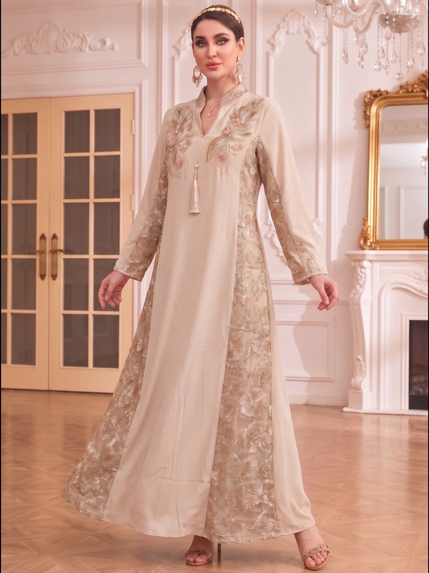 Ivory Pink Light Blue V-Neck Beaded Embroidered Evening Maxi Abaya