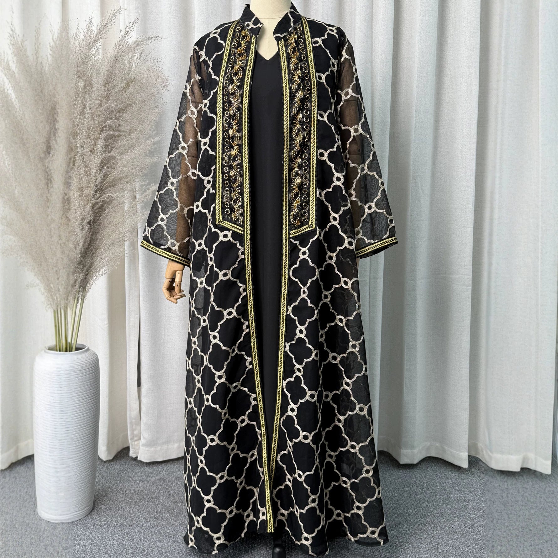 Grey and Black Heavy Embroidered Mesh Open Cardigan Two-Piece Maxi Set