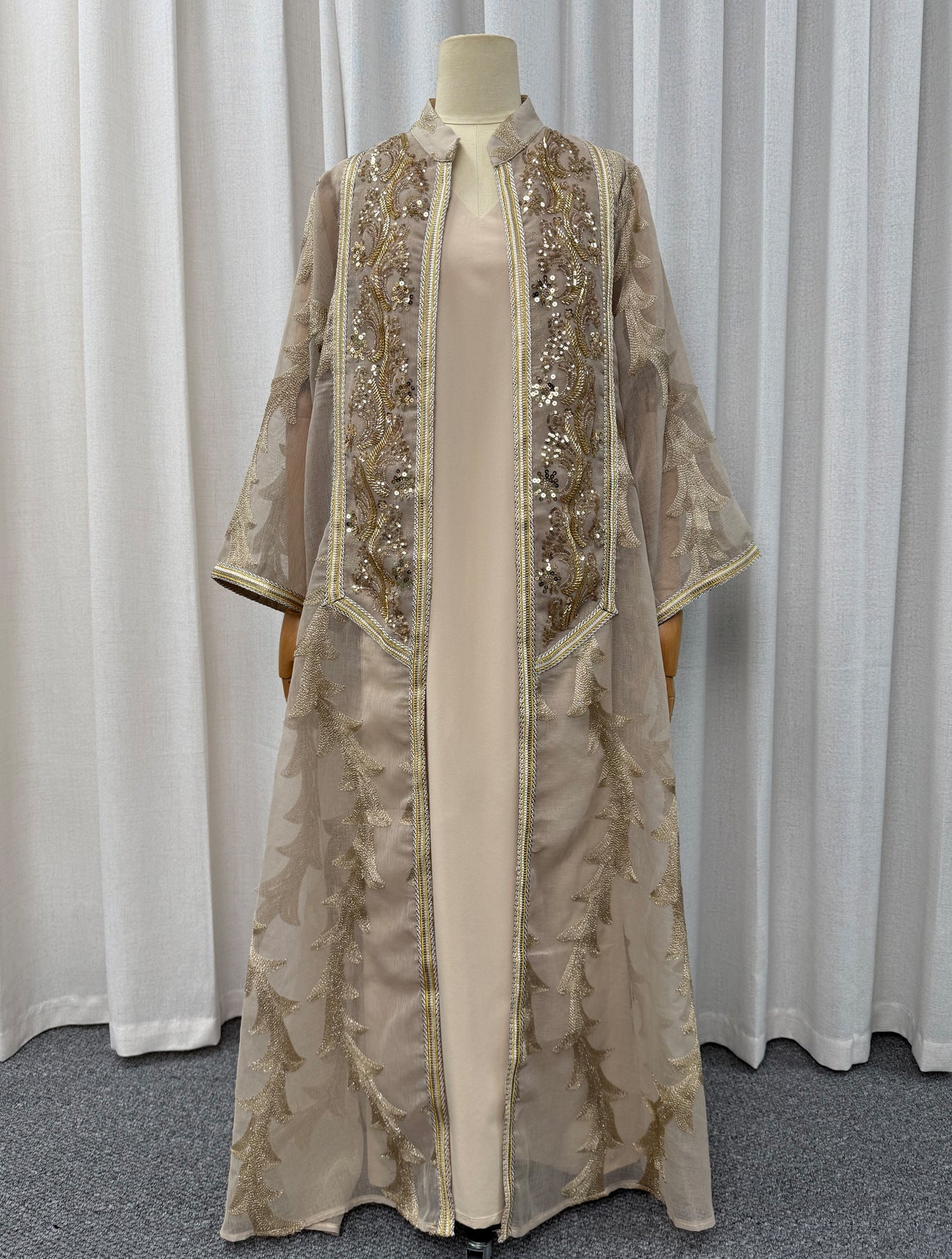 Beaded Sequin Embroidered Two-Piece Set Jalabiya Long Maxi Dress for Eid Ramadan Evening Party Gown S-XXL