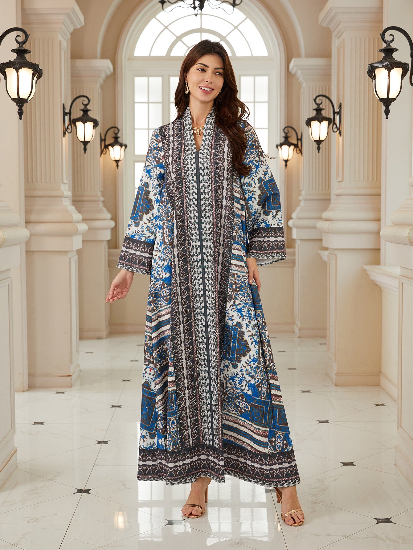 Stylish Grey Long-Sleeve Kaftan – Rhinestone Modest Maxi Dress