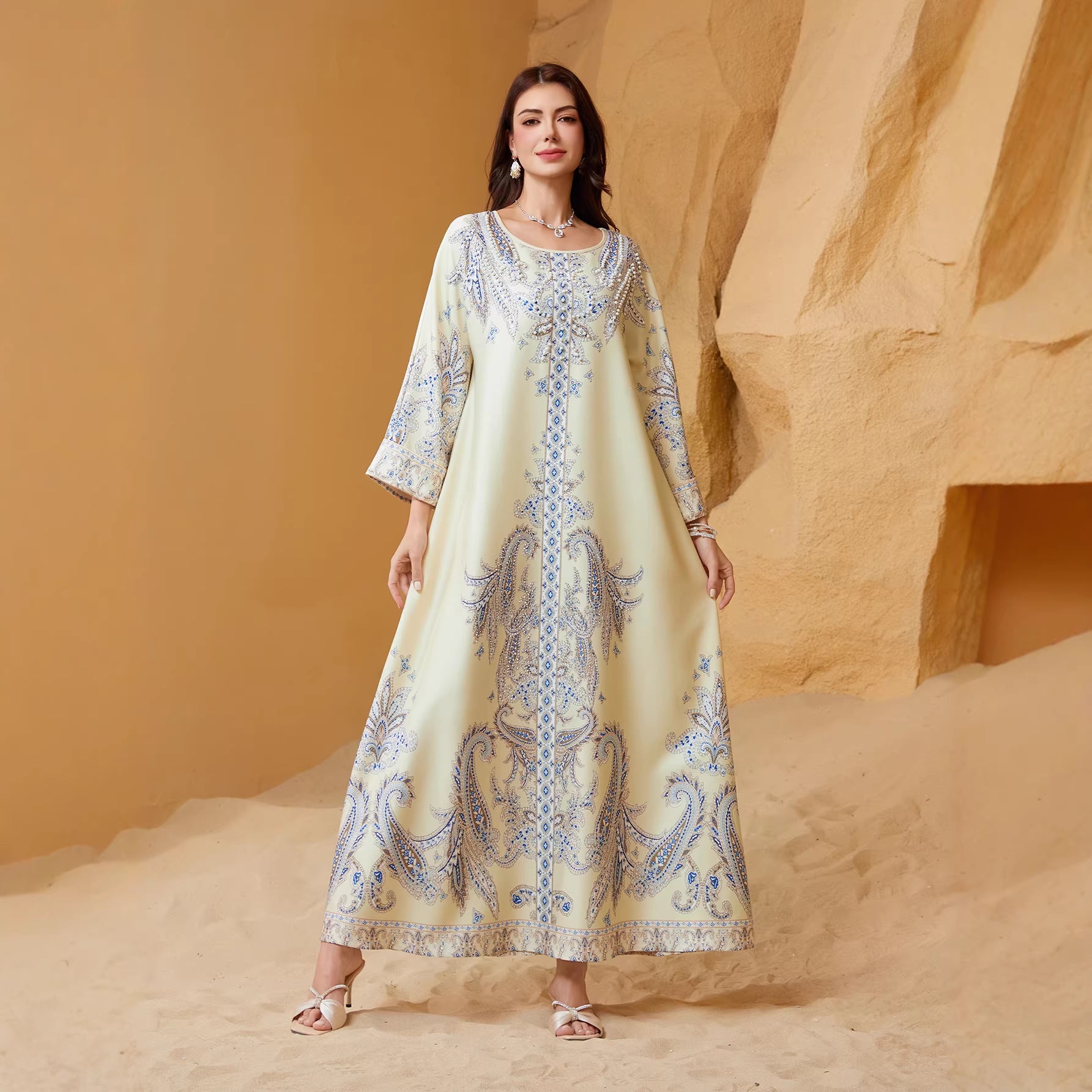 Stylish Light Blue Yellow Beaded Kaftan Abaya Maxi Dress Eid Ramadan