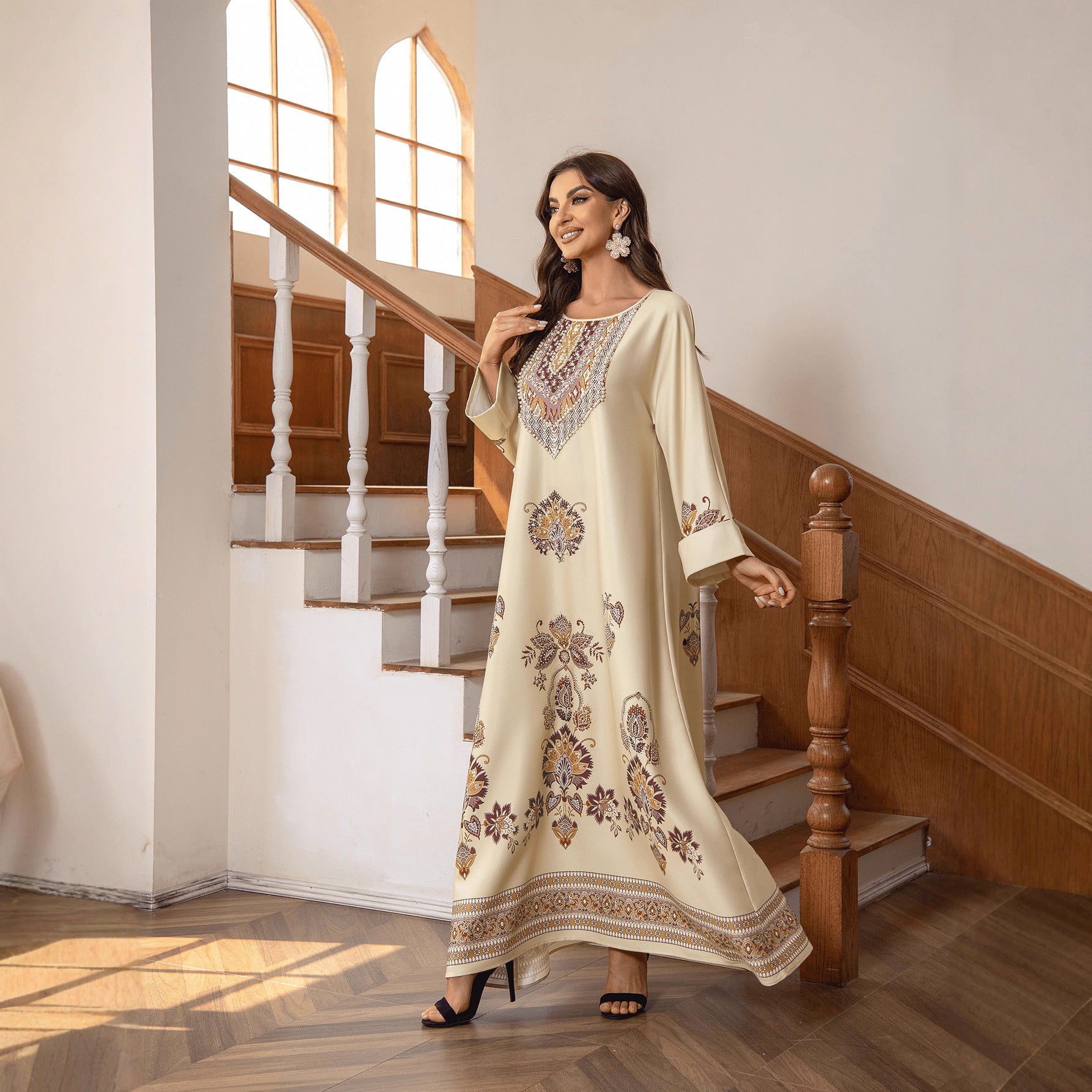 Elegant Khaki Brown & Nude Two-Tone Printed Round Neck A-Line Kaftan Abaya with Rhinestone Beaded Jalabiya Modest Maxi Dress for Muslim Women Eid Ramadan Daily Wear Loose Floor Length Long Robe S-XXL