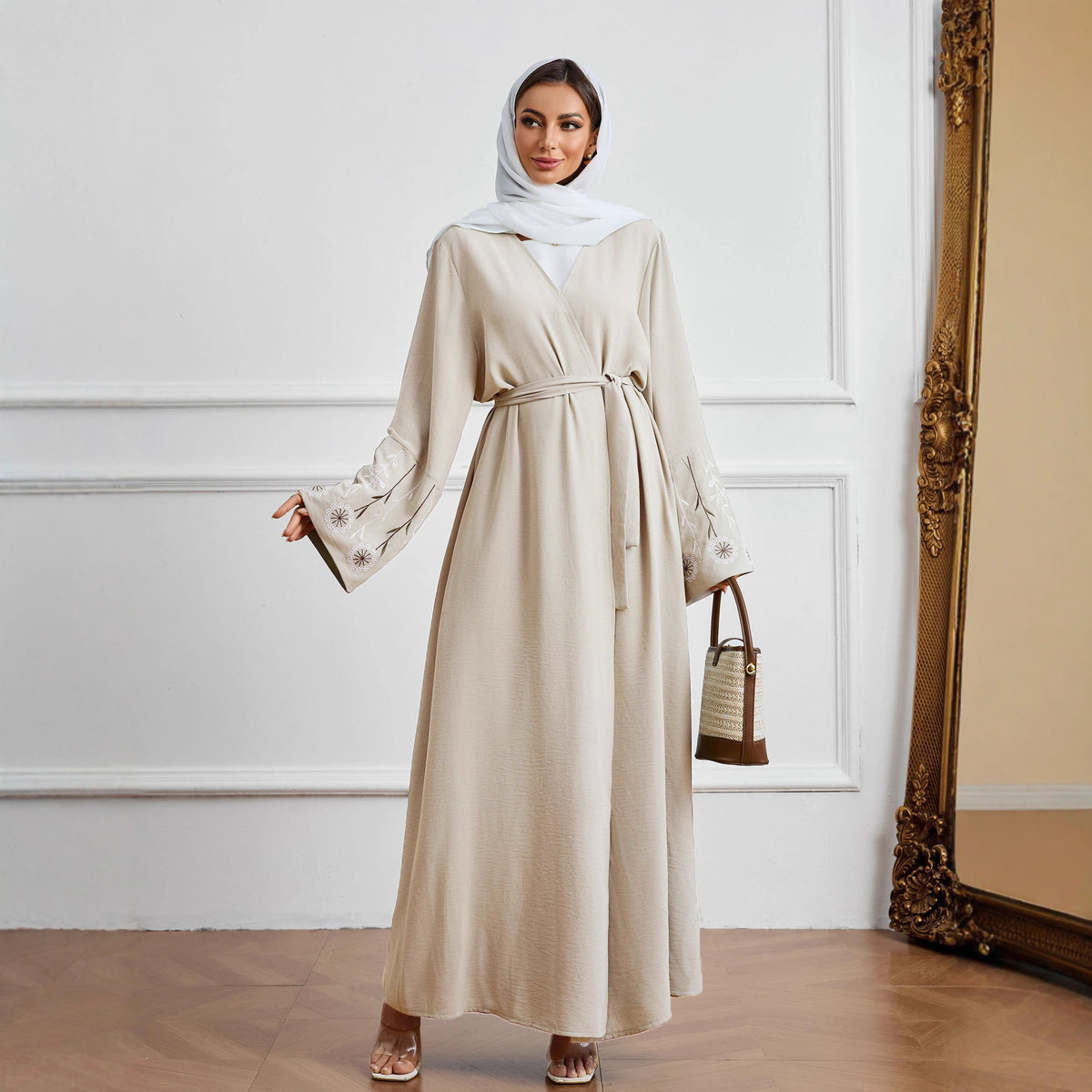 Elegant Floral Embroidered Sleeve Open Front Abaya Cardigan with Tie Belt Modest Long Maxi Robe for Muslim Women Eid Ramadan