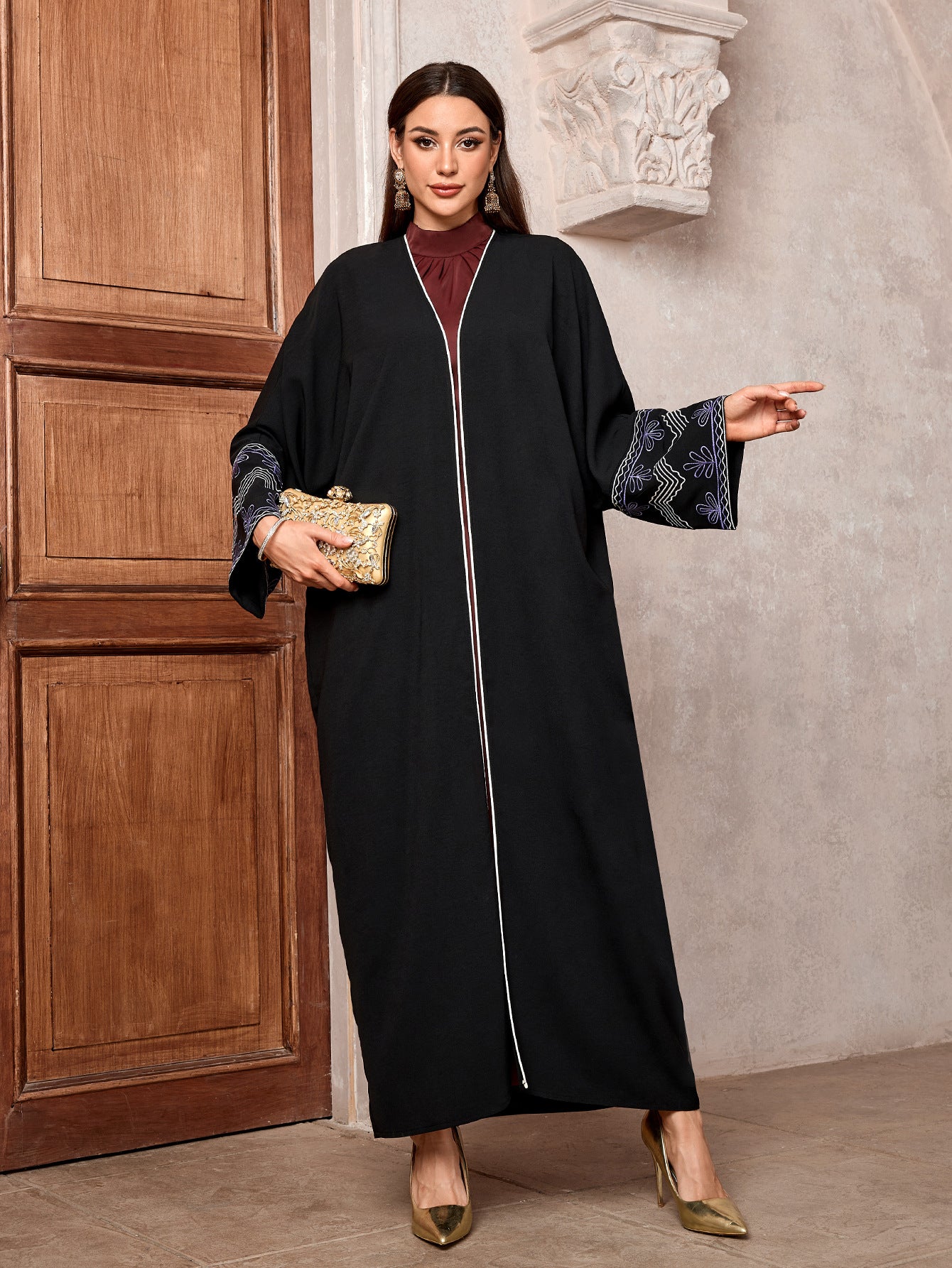 Vintage Embroidered Long Robe Abaya Cardigan Modest Maxi Dress Jalabiya for Muslim Women Eid Ramadan Prayer Wear One Size