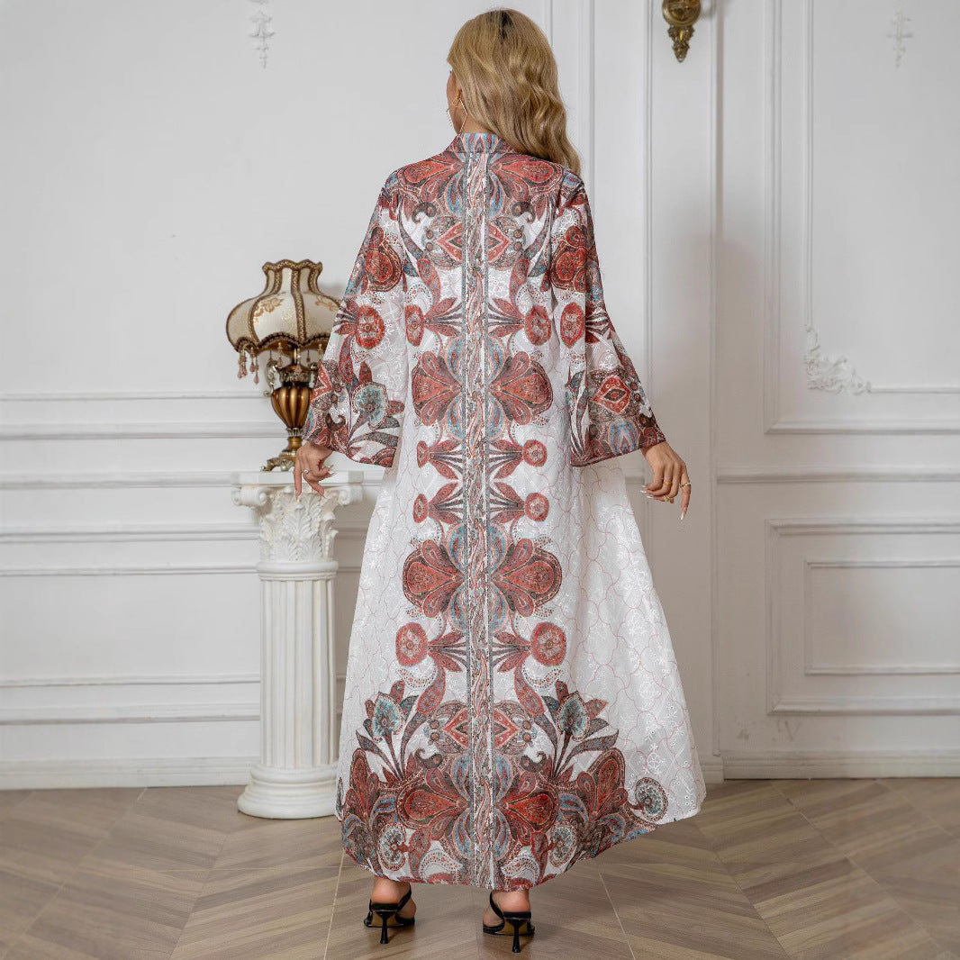 White Floral Print Rhinestone Embroidered Maxi Abaya Dress