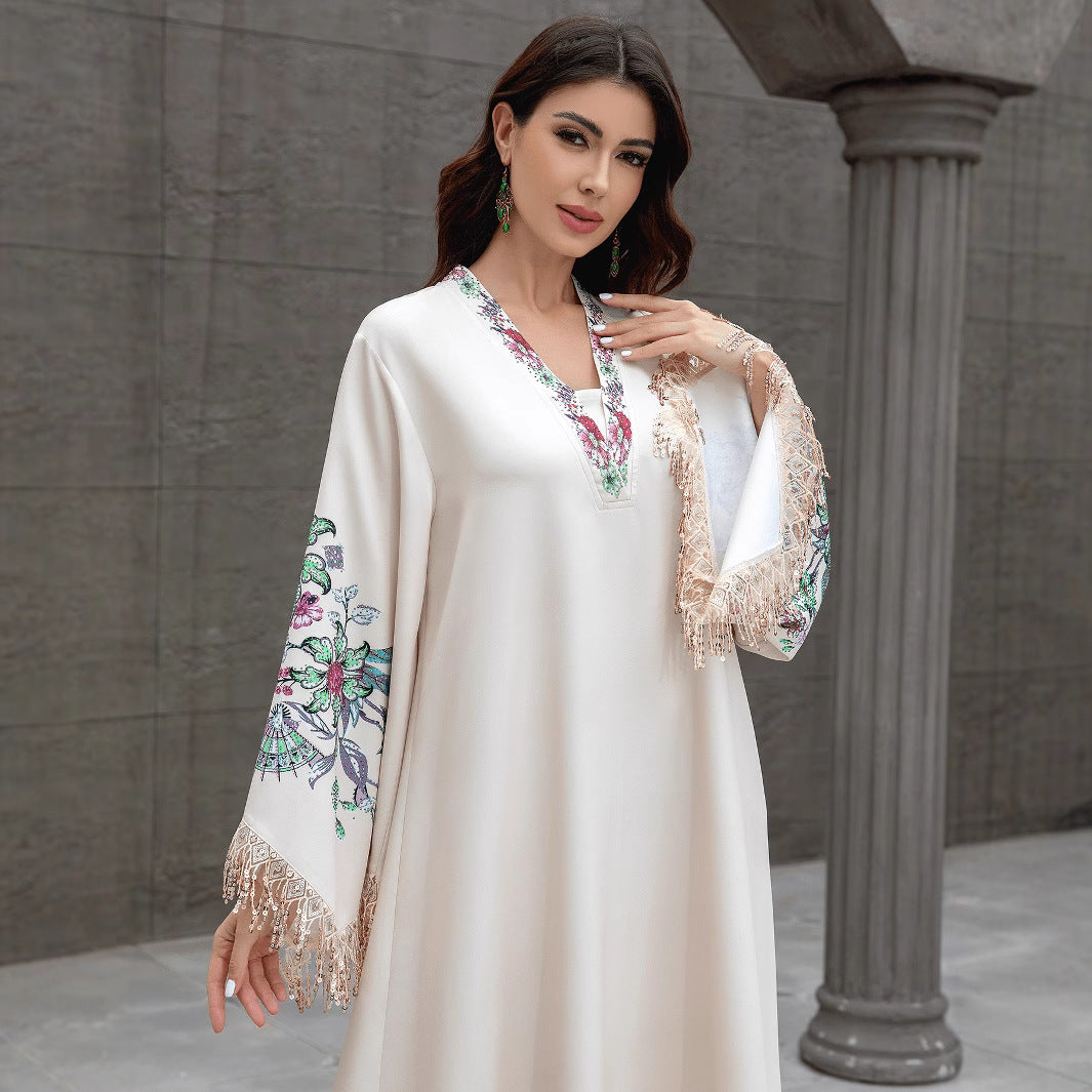 Graceful Apricot V-Neck Kaftan – Muslim Embroidered Long Dress