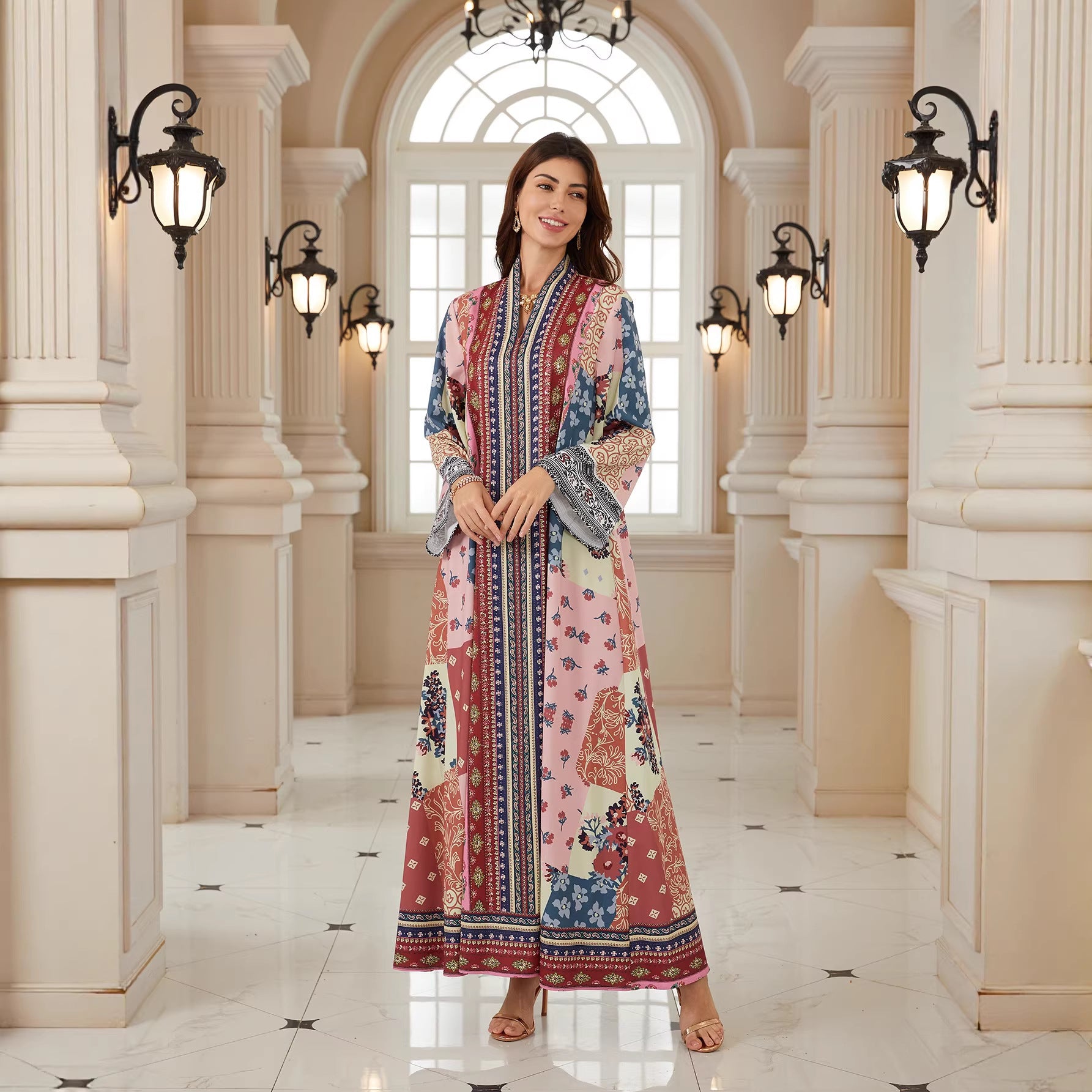 Exquisite Floral V-Neck Abaya – Ethnic Modest Maxi Dress