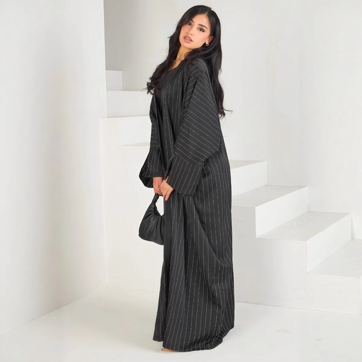 Luxury Rhinestone Striped Loose Open Front Abaya Cardigan Modest Long Maxi Cape Gown for Women Festive Banquet One Size