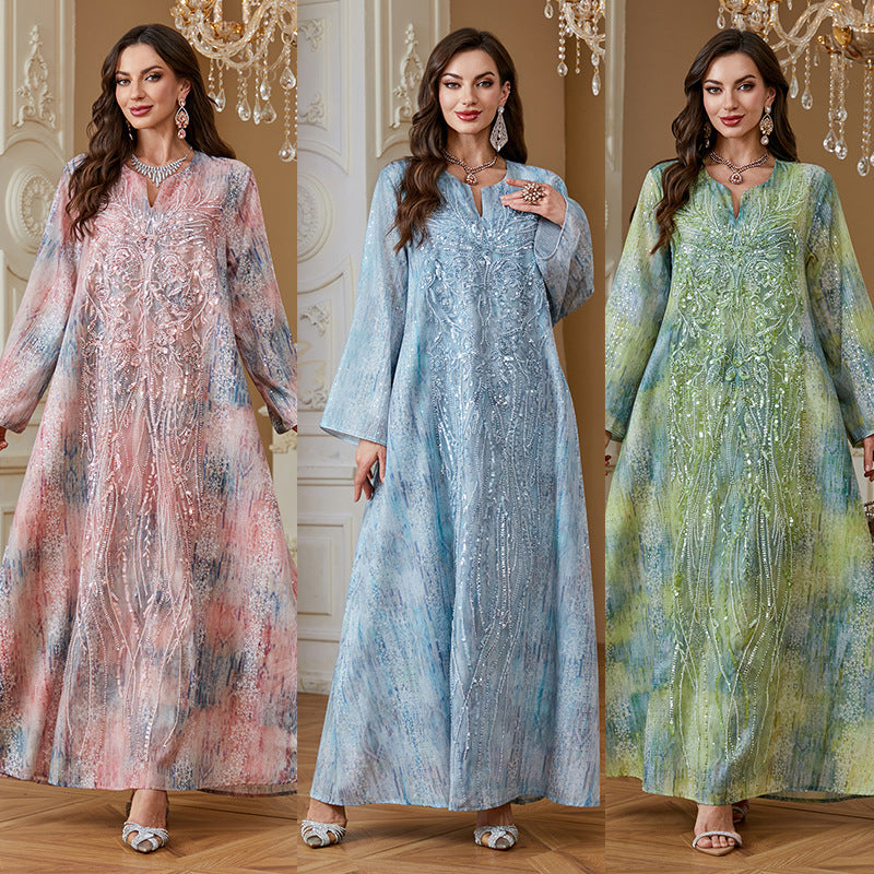 Soft Glossy Modest Long Robe For Ladies Vertical Sequined Craft Oversized Flare Sleeve Muslim Gown Pink Blue Green Tie Dye Pattern Formal Occasion Outfit