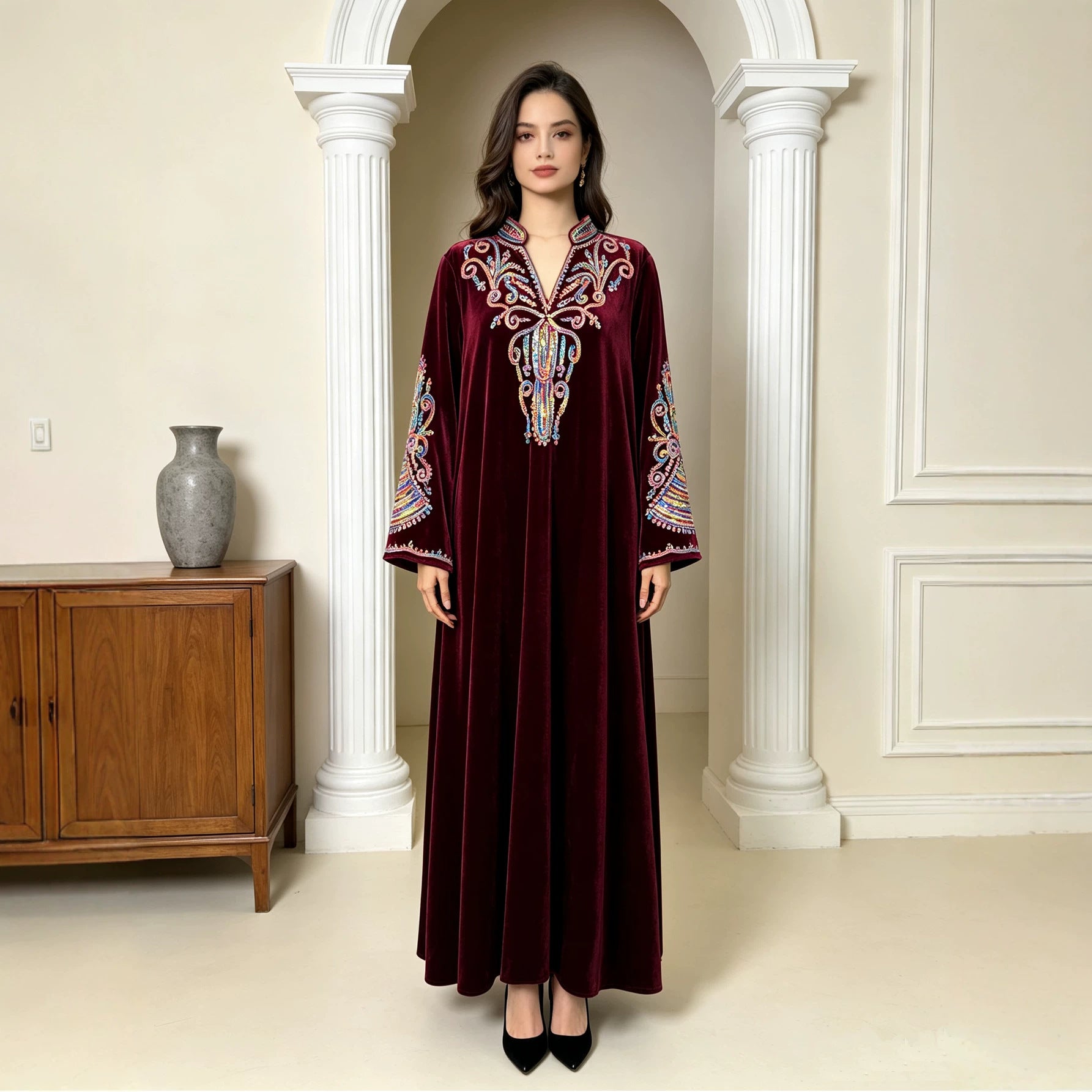 Navy and Wine Red Rhinestone Applique Stand Collar Maxi Abaya Dress Jalabiya Modest Long Dress for Muslim Women Eid Ramadan Formal S-XXL