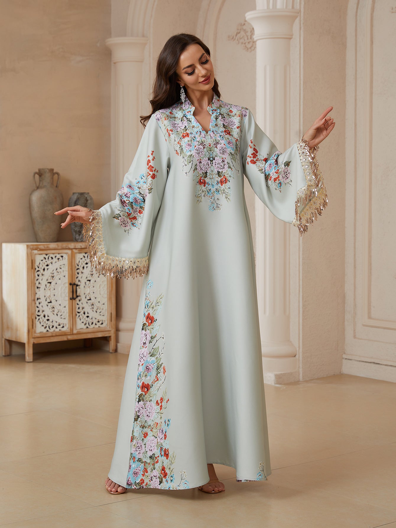 Women Stand Collar V Notch Floral Print Abaya Gold Metallic Tassel Flare Sleeve Maxi Jalabiya Pastel Satin Loose Modest Gown For Eid Mubarak Ramadan Wedding Party