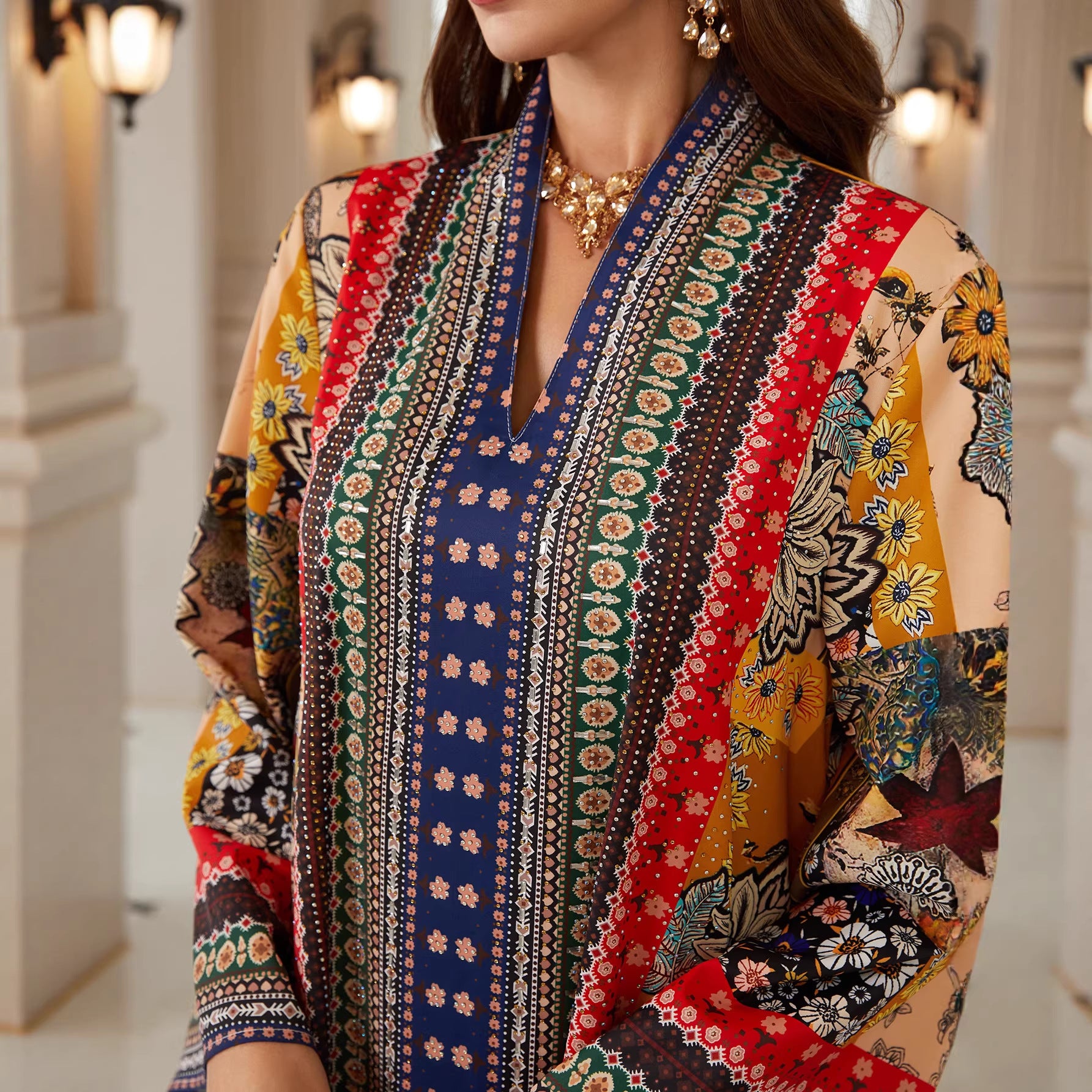 Charming Floral Jalabiya – V-Neck Long-Sleeve Modest Dress