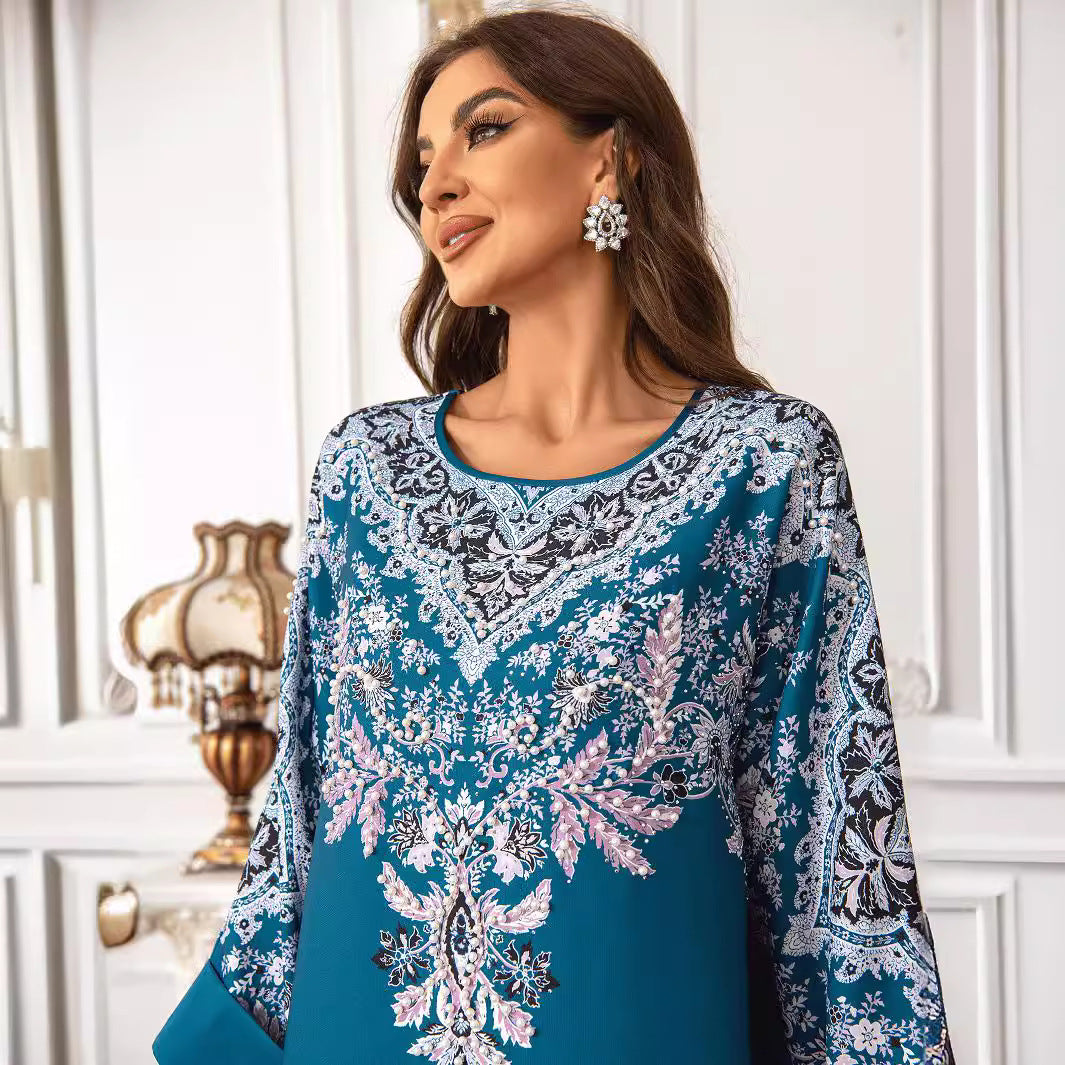 Peacock Blue Rhinestone Pleated Abaya - Elegant Modest Muslim Dress