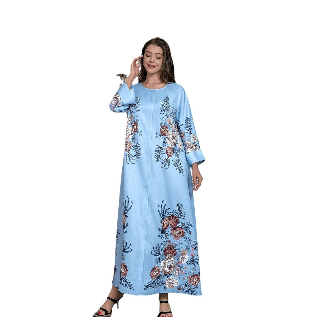 Sky Blue Rhinestone Beaded Round Neck Floral Maxi Dress - Modest