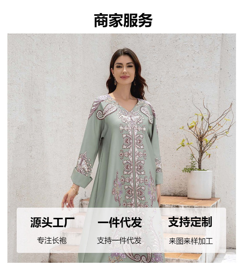 Silver Rhinestone V-Neck Printed Abaya Dress - Turn-Back Sleeve Modest Maxi