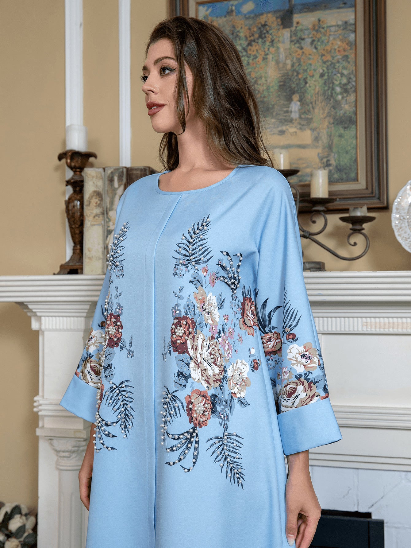 Sky Blue Rhinestone Beaded Round Neck Floral Maxi Dress - Modest