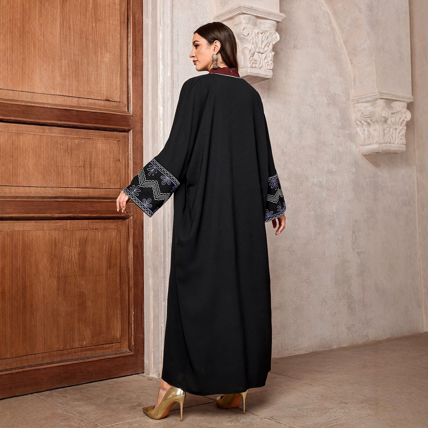 Vintage Embroidered Long Robe Abaya Cardigan Modest Maxi Dress Jalabiya for Muslim Women Eid Ramadan Prayer Wear One Size
