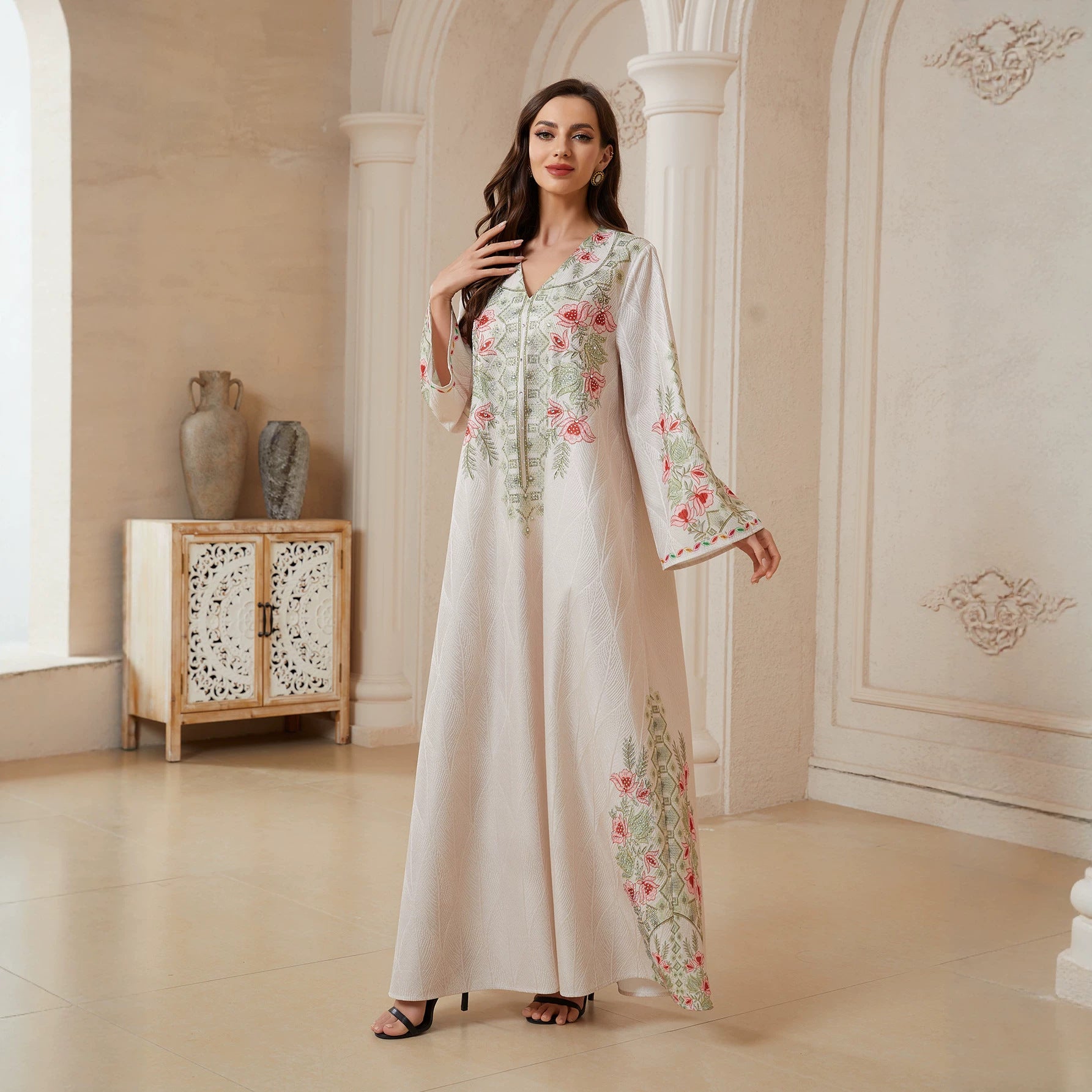 Summer Breathable Nida Fabric Off White Jalabiya Full Body Multicolor Leaf Floral Embroidery Front Zip Split Neck Flowy Wide Sleeve Plus Size Modern Modest Gulf Women Couture Kaftan For Wedding Ramadan Daily Outing