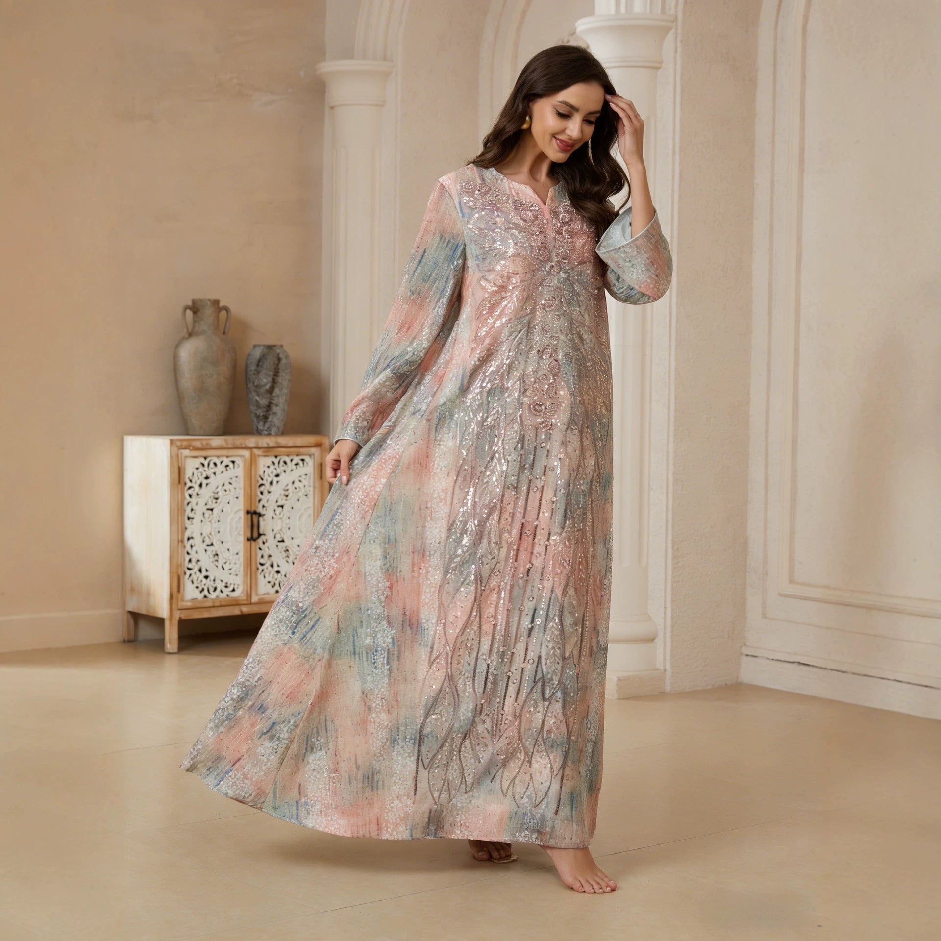 Dubai Islamic Modest Abaya Pink Blue Gradient Tie Dye V Neck Shiny Sequin Embroidery Wide Bell Sleeve Oversized Kaftan Gown For Muslim Ladies Holiday Party