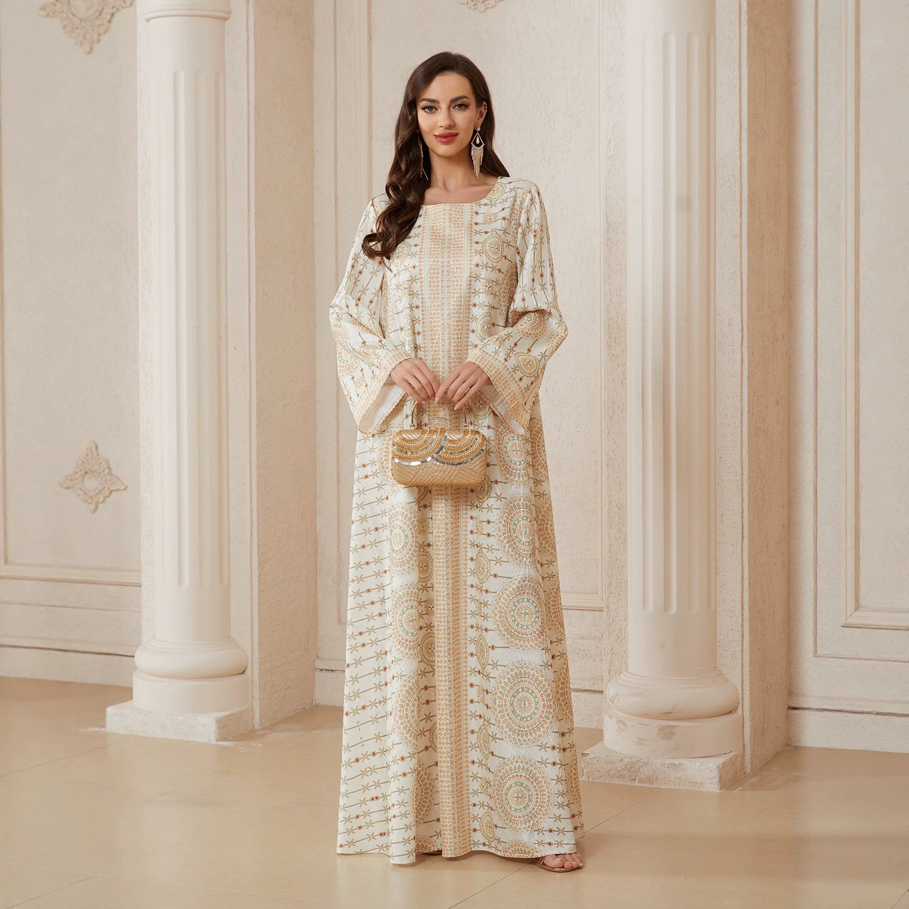 Ivory Nida Fabric Gulf Mandala Geometric Circle Print Round Neck Flowy Wide Sleeve Modest Women Maxi Jalabiya Thobe Full Length Islamic Dress For Ramadan Daily Gulf Wedding Guest Outfit