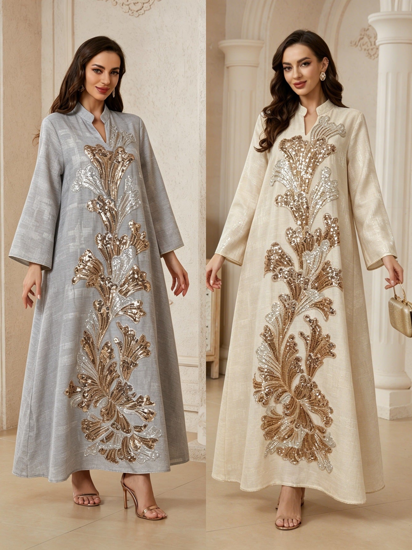 Apricot Grey Lotus Sequin Embroidered Draped Plus Size Gown Jalabiya Modest Long Maxi Dress for Muslim Women Eid Ramadan