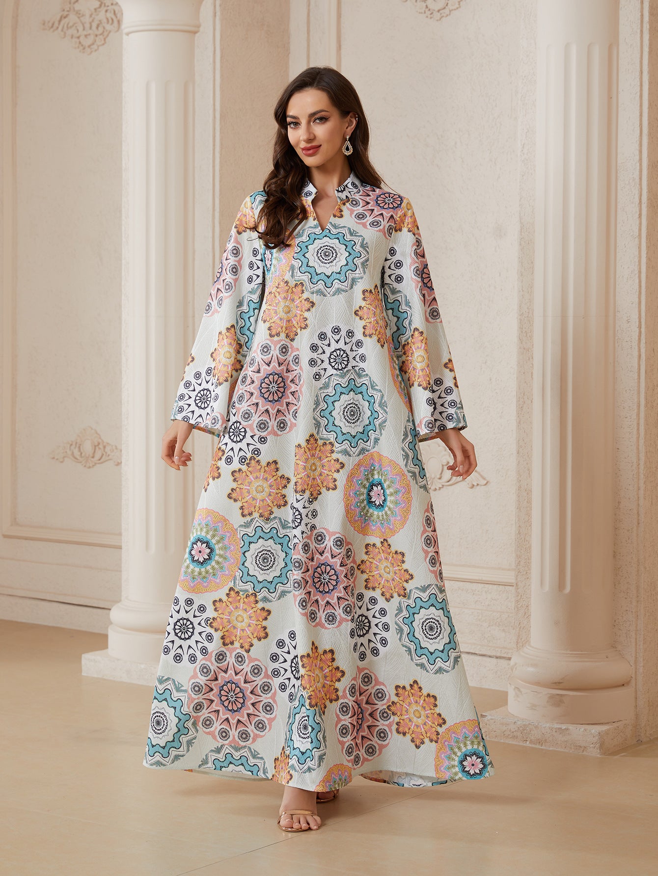 2026 New Arabian Boho Couture Multi Color Mandala Pattern Abaya Lightweight Textile Oversize Loose Long Sleeve Plus Size Modest Kaftan For Eid Banquet Family Trip