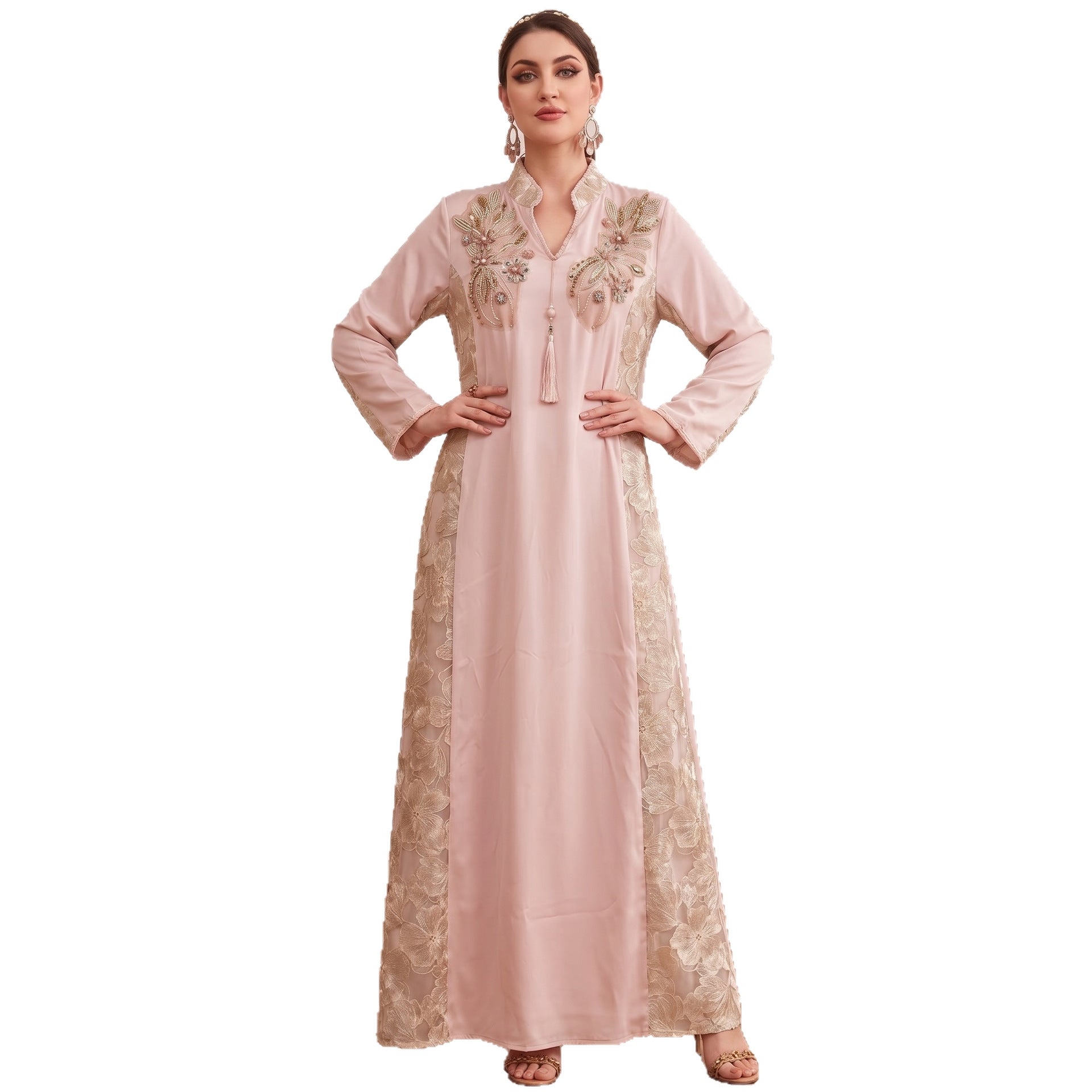 Ivory Pink Light Blue V-Neck Beaded Embroidered Evening Maxi Abaya