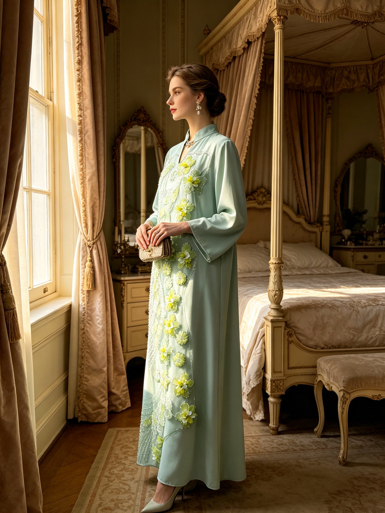 Mint Green Stand Collar Beaded Floral Applique Maxi Abaya Dress Jalabiya Modest Long Dress for Muslim Women Ramadan Prayer Casual Wear S-XXL