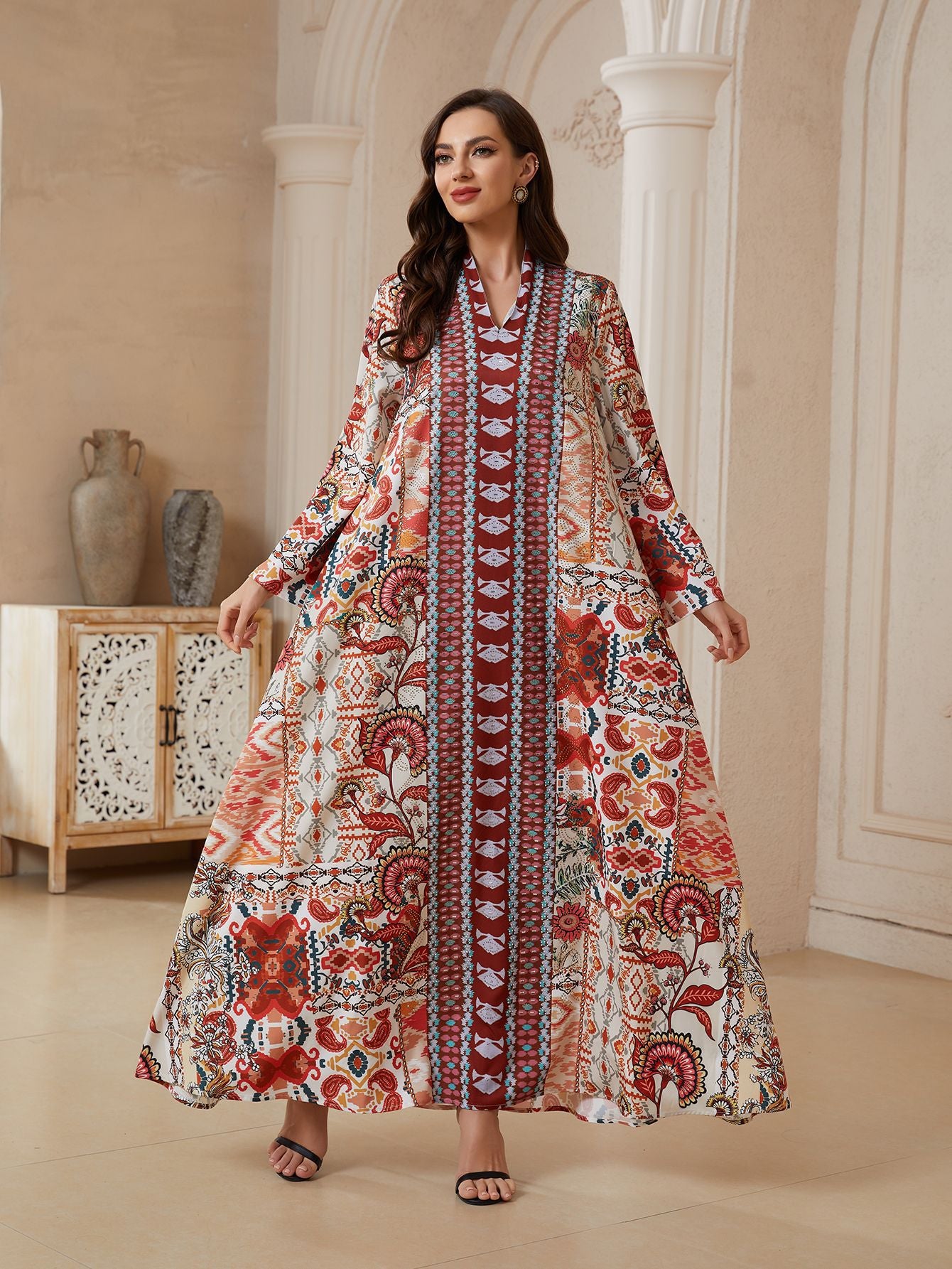 Floral V-Neck Plus Size Maxi Dress - Loose Summer Muslim Gown