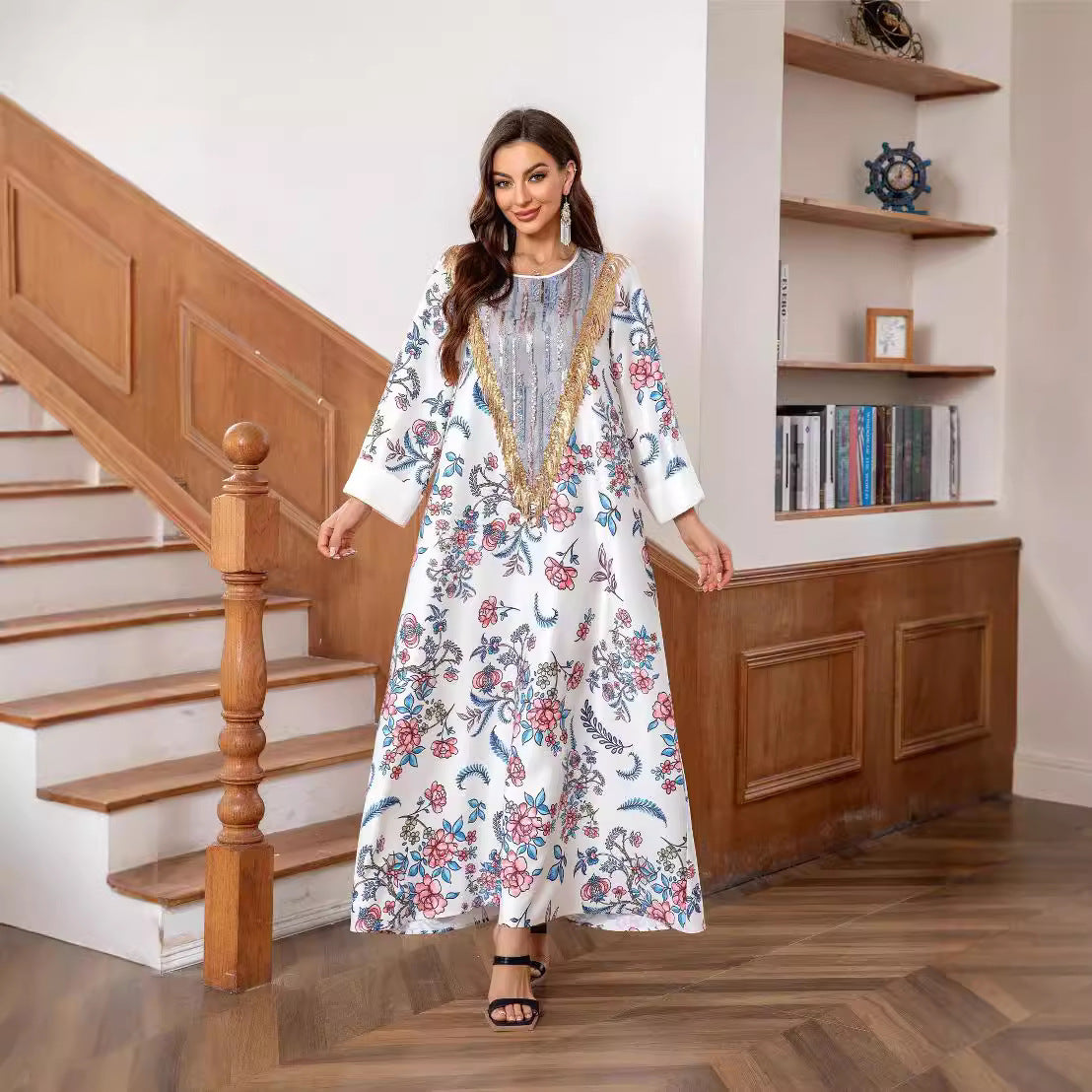 White Floral Print Elegant Abaya - Loose Fitting Modest Long Robe