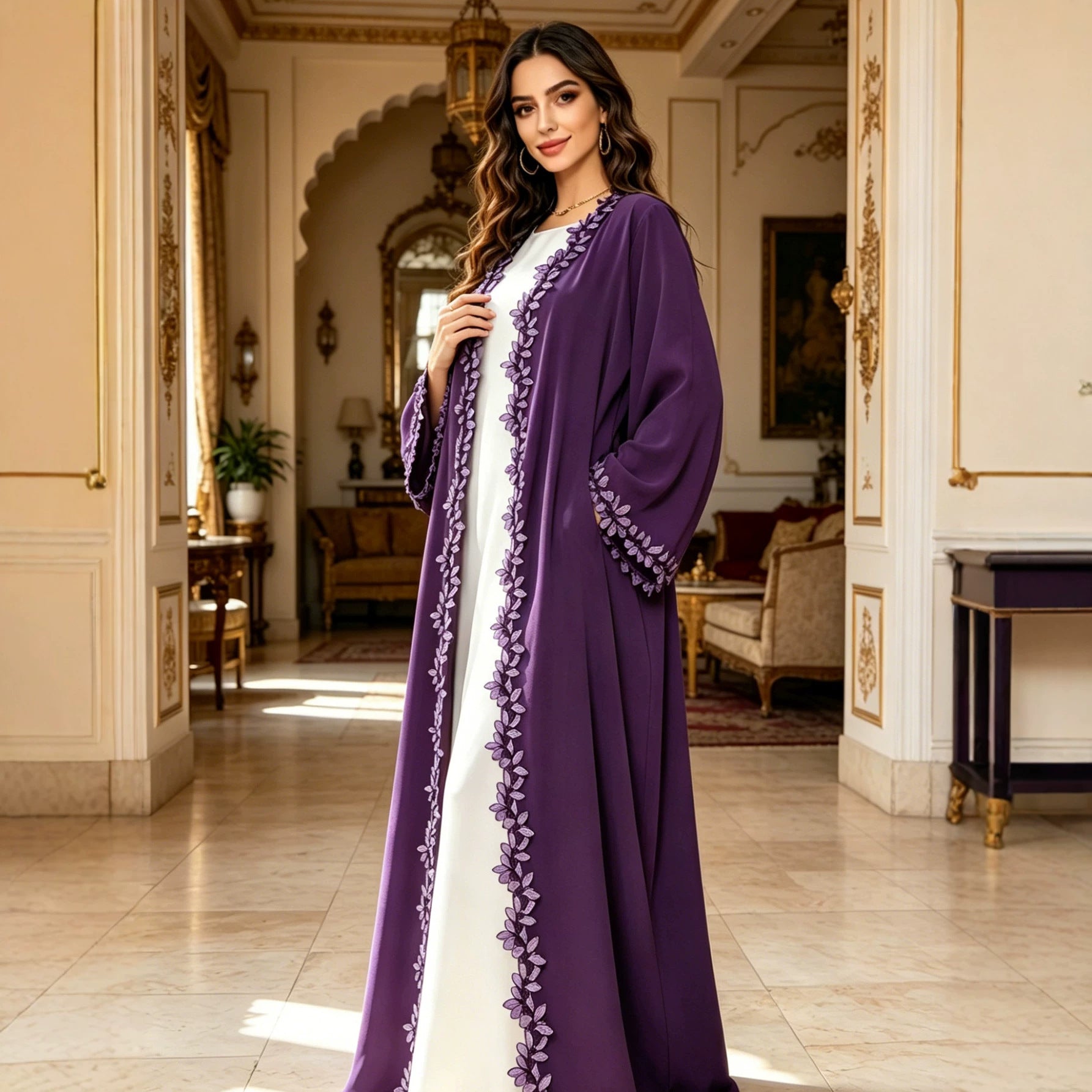 Ribbon Lace Trim Open Front Abaya Cardigan Modest Long Maxi Dress Jalabiya for Muslim Women Eid Ramadan Festive Wear S-XL