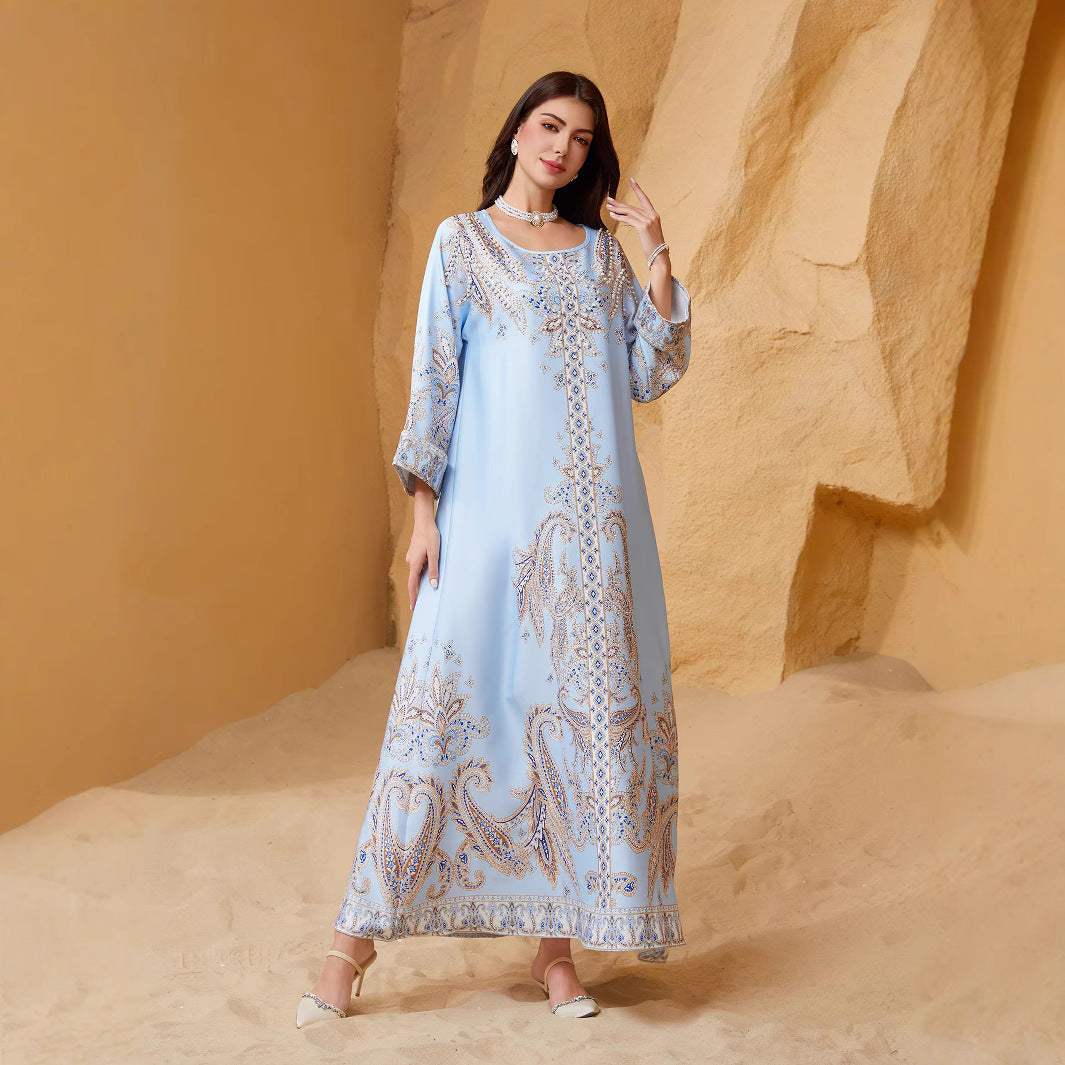 Light Blue and Yellow Rhinestone Beaded Round Neck Fitted Abaya Dress