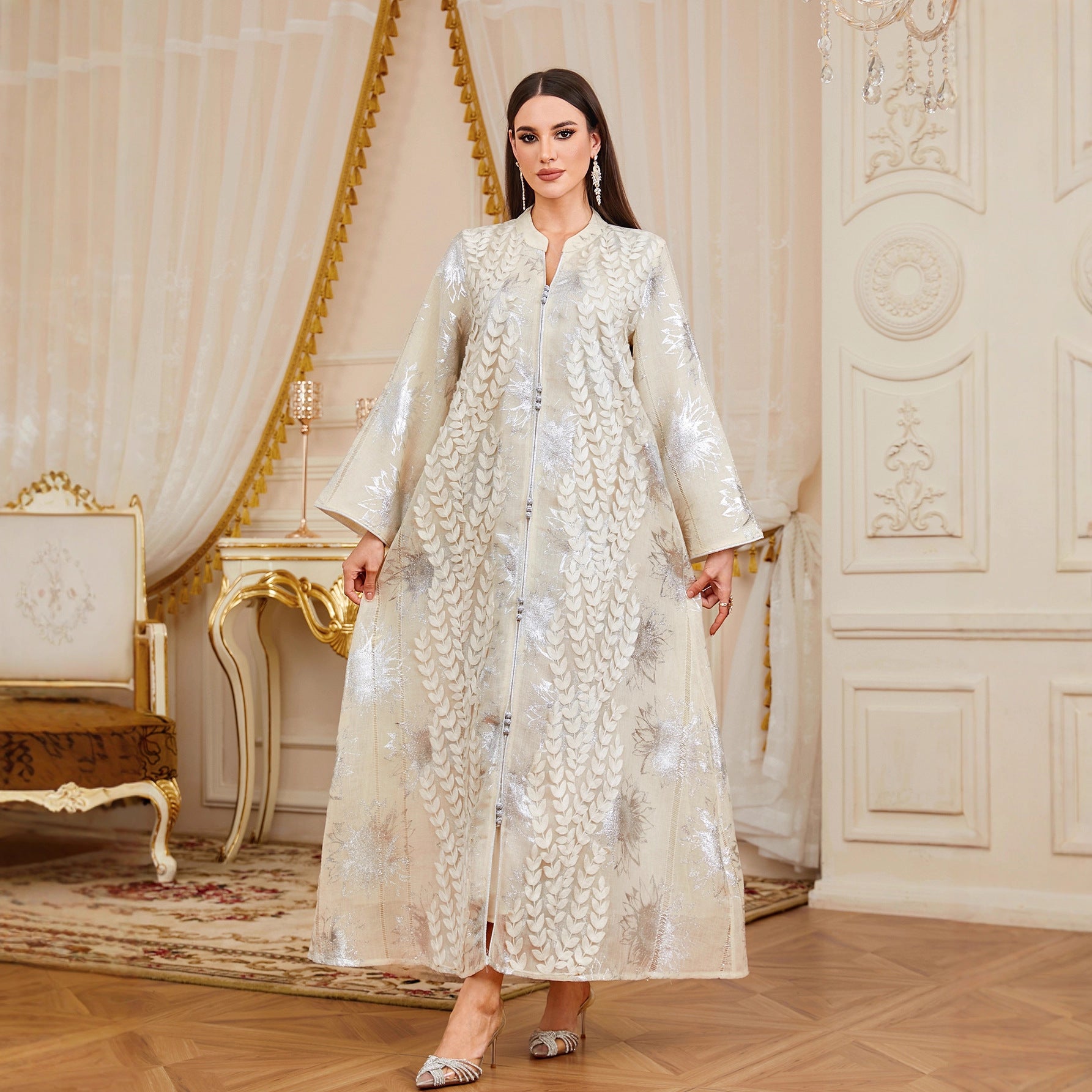 Luxury Embroidered Leaf Applique Mesh Gown Jalabiya Modest Long Maxi Evening Dress for Muslim Women Eid Ramadan S-XXL