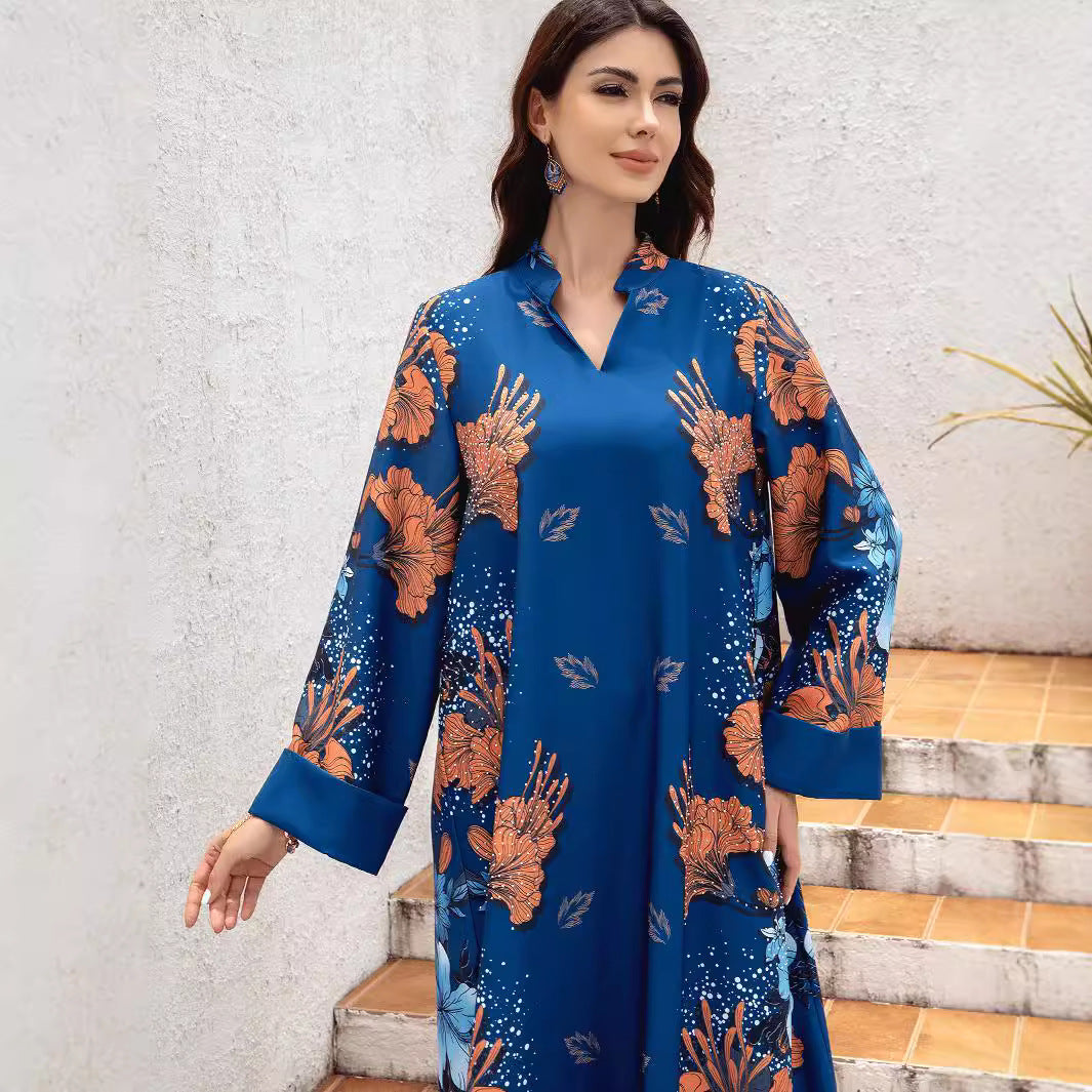 Navy Floral Print Pearl Belt Maxi Abaya Dress - Plus Size Modest