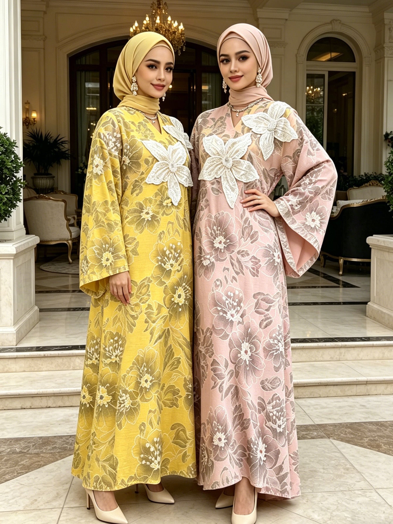 Yellow Pink Heavy Rhinestone Floral Embroidered Gown Batwing Sleeve Jalabiya Modest Long Maxi Dress for Muslim Women Eid Ramadan