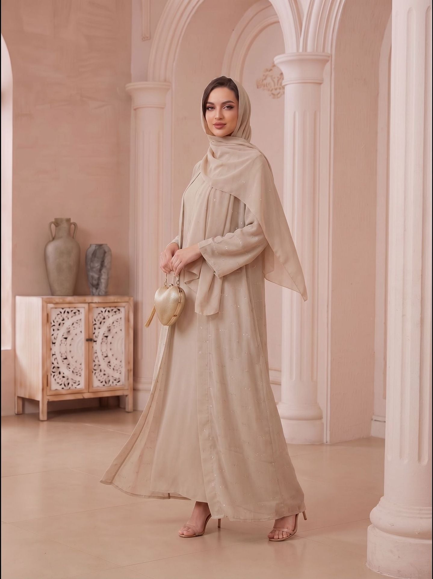 Apricot Black V-Neck Beaded Open Abaya with Hijab Set