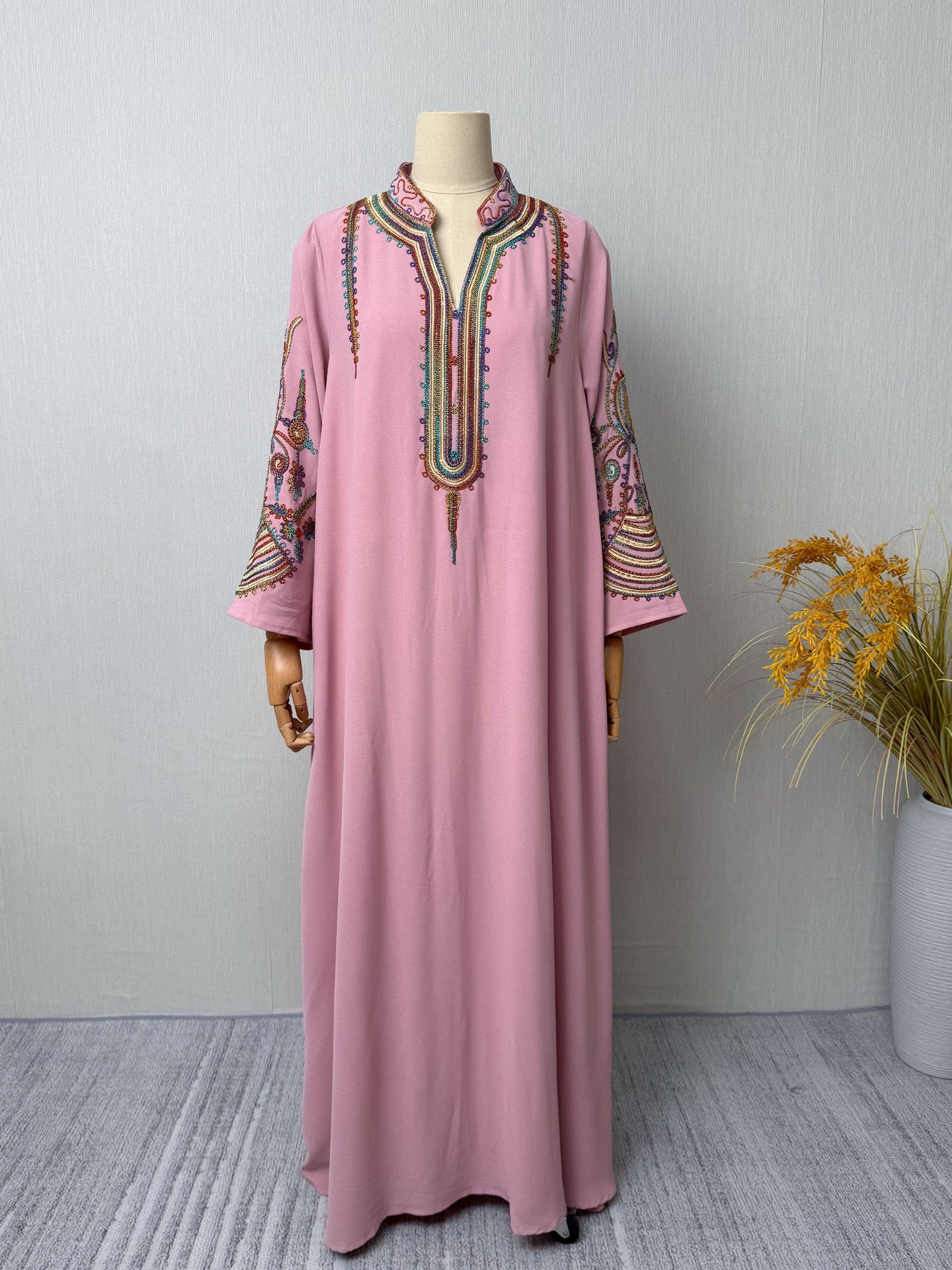 V-Neck Embroidered Abaya Dress Jalabiya Modest Long Maxi Dress for Muslim Women Eid Ramadan Daily Wear S-XXL