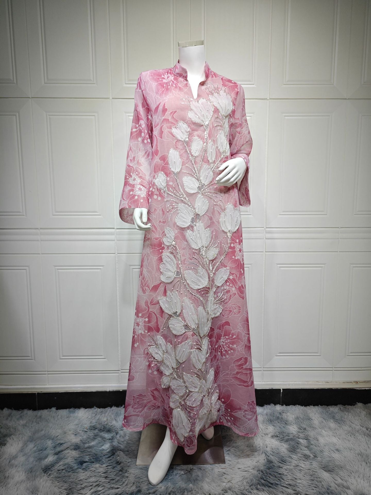 Luxury 3 Colors 3D Flower Embroidery Rhinestone Abaya Stand Neck Wide Flare Sleeve Oversized Maxi Dress For Holiday Special Occasion