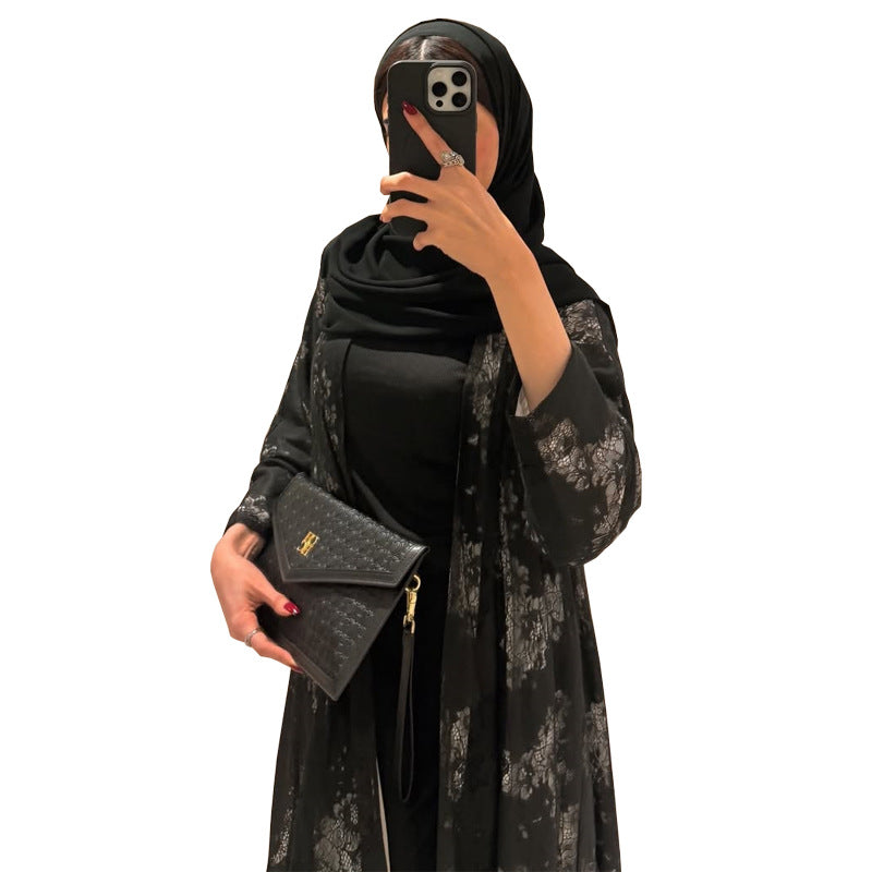 Black Lace Patchwork Lined Long Maxi Abaya - Modest Open Outerwear