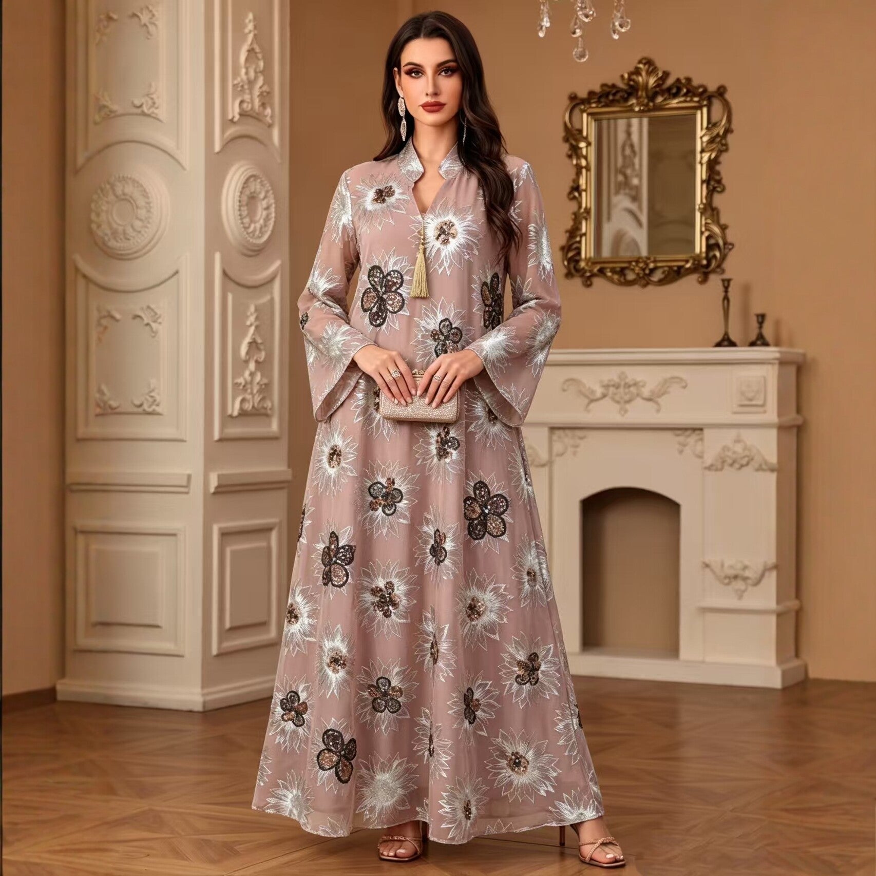 Green Lotus Pink White V-Neck Beaded Ethnic Print Maxi Abaya Dress