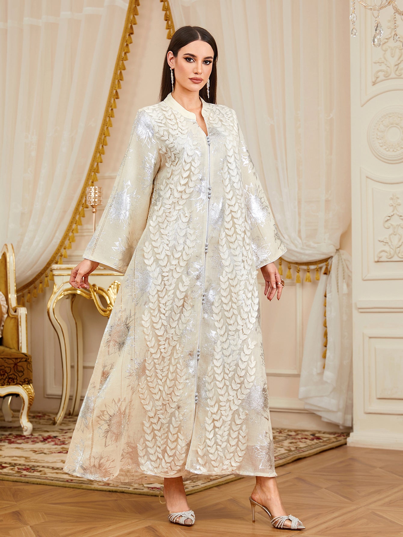 Luxury Embroidered Leaf Applique Mesh Gown Jalabiya Modest Long Maxi Evening Dress for Muslim Women Eid Ramadan S-XXL