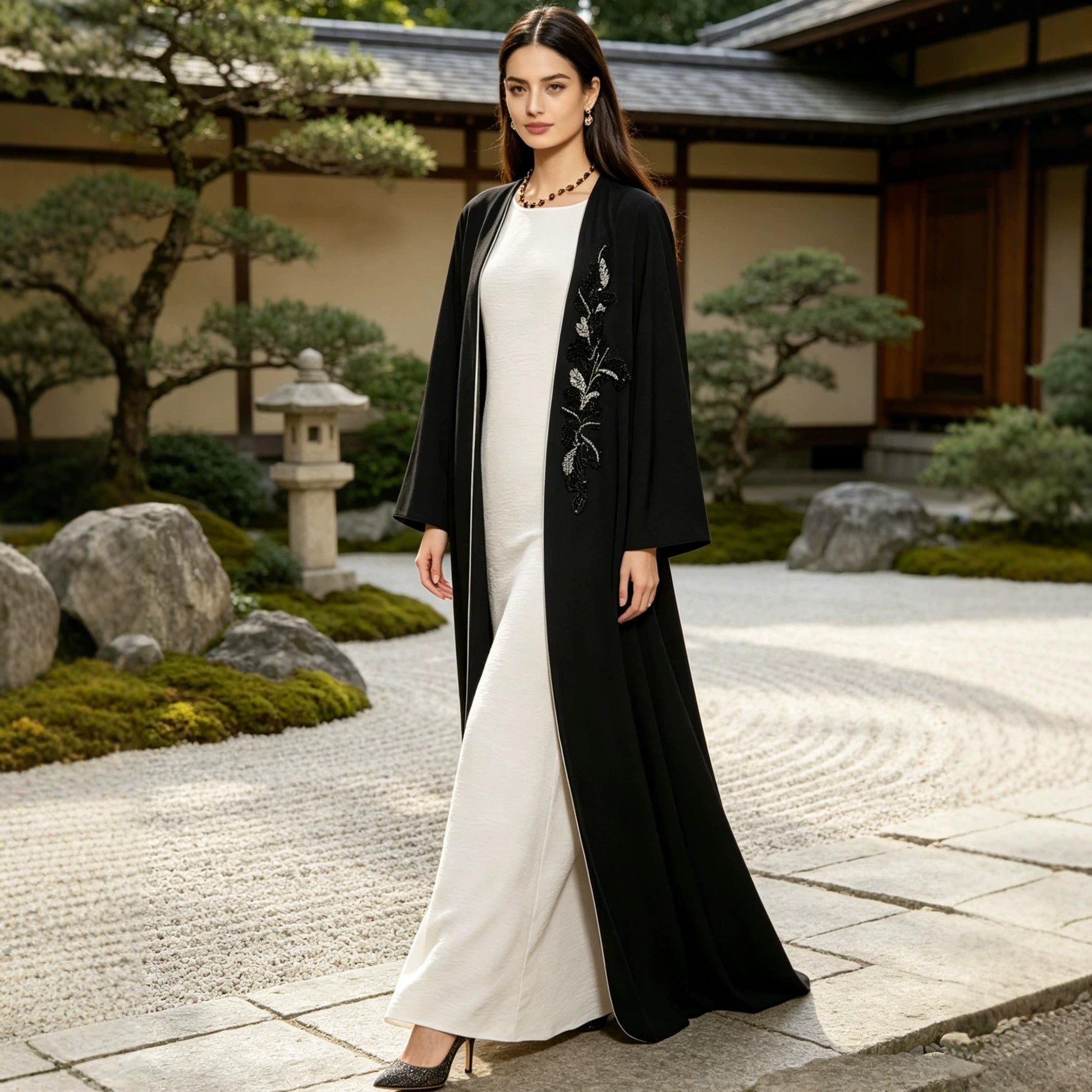Black Beaded Embroidered Open Cardigan Maxi Abaya Jalabiya Long Dress for Muslim Women Eid Ramadan Banquet Gown S-XXL