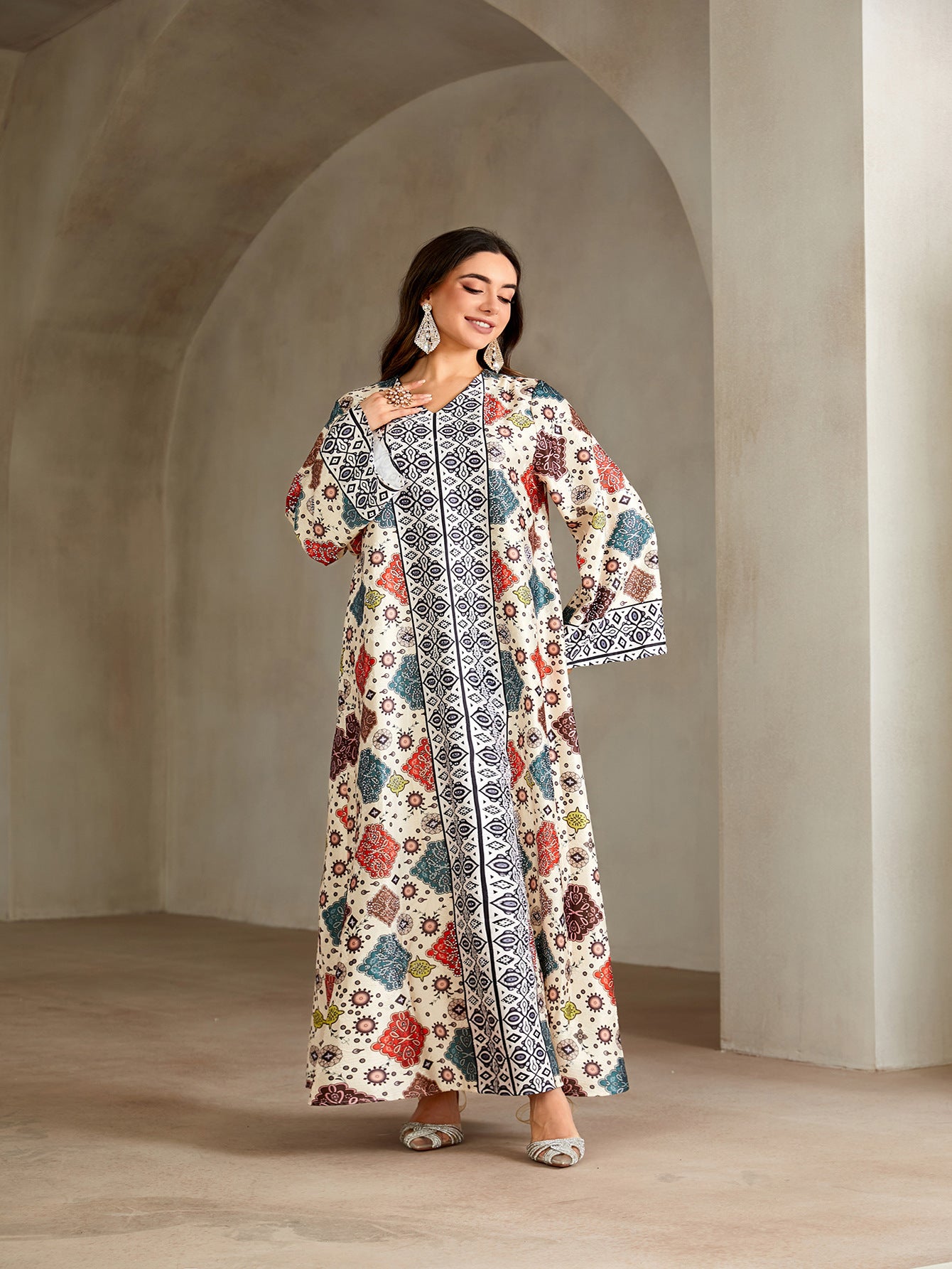 Ethnic Geometric Print Rhinestone Embellished Gown Jalabiya Modest Straight Maxi Dress for Muslim Women Eid Ramadan S-XXL