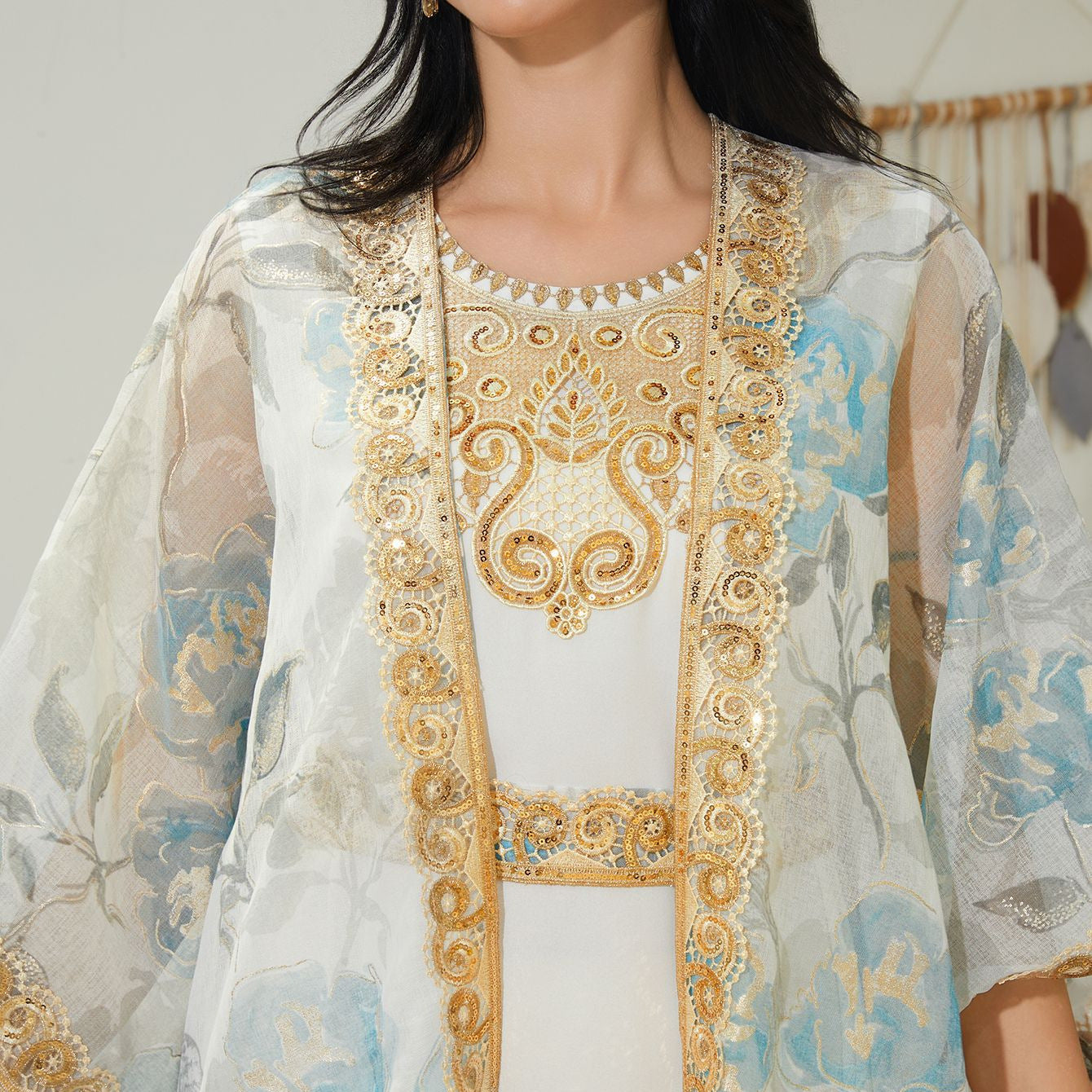 Women 2 Piece Dubai Modest Outfit Light Blue Gold Floral Sheer Chiffon Kimono Open Abaya With Gold Thread Embroidery Belted Inner Maxi Dress Gulf Luxury Layering Kaftan Set For Eid Ramadan Nikkah Wedding Banquet