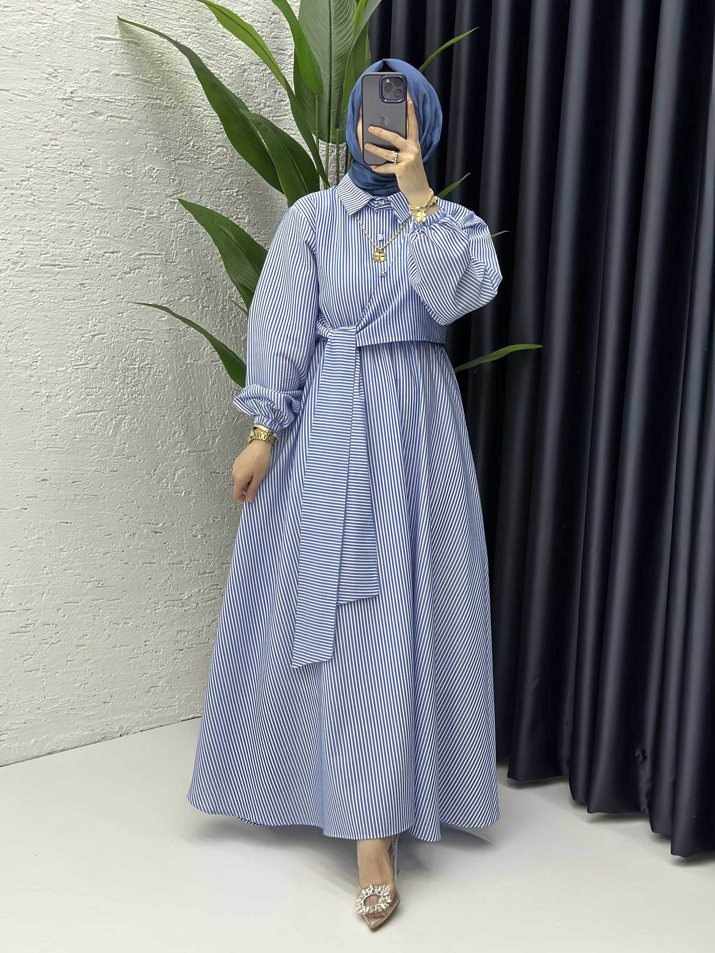 Striped Belted Button-Down Shirt Collar Faux Two-Piece Modest Maxi Dress Muslim Women Abaya Jalabiya Kaftan for Eid