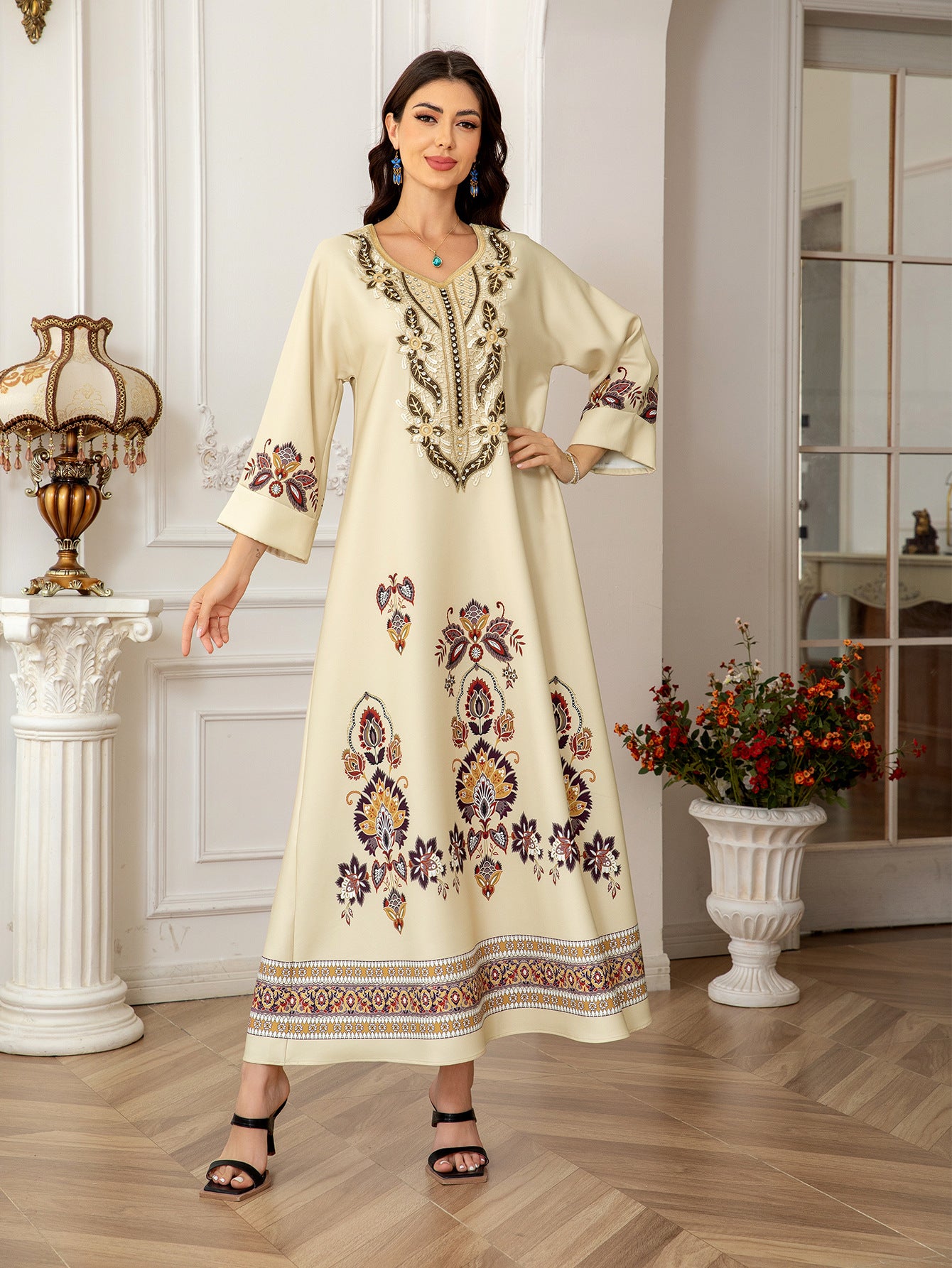 Apricot Floral Print Embroidered Rhinestone Maxi Abaya Dress