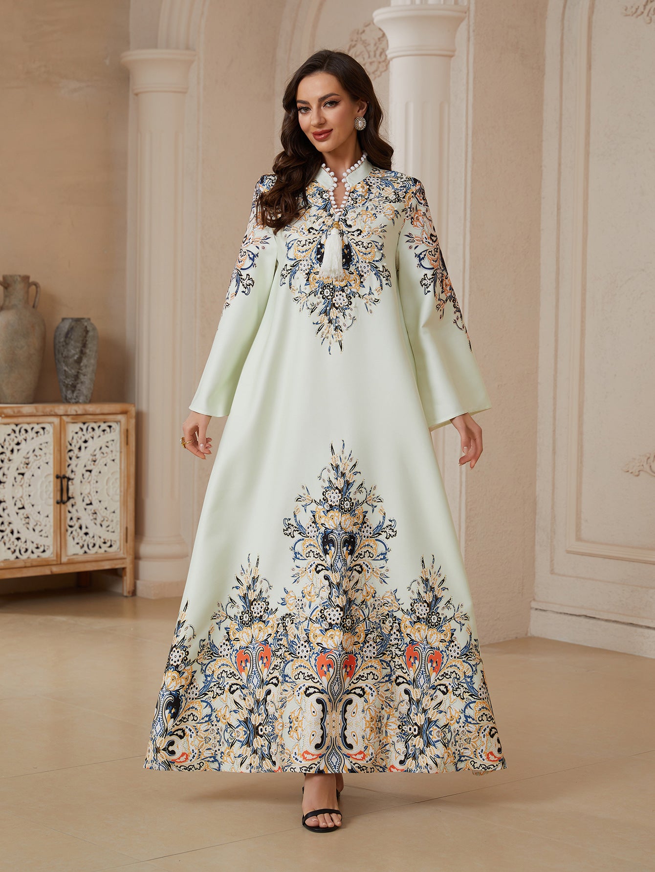 Modest Light Yellow Tassel A-Line Kaftan Maxi Abaya Eid Ramadan