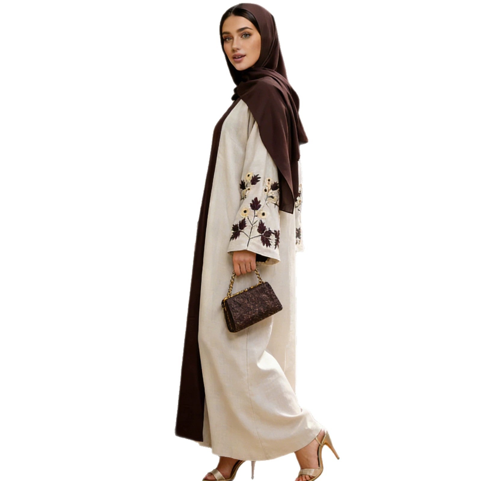 Beige Maple Leaf Embroidered Linen Cardigan Open Front One Size Abaya Modest Long Maxi Dress for Muslim Women Eid Ramadan